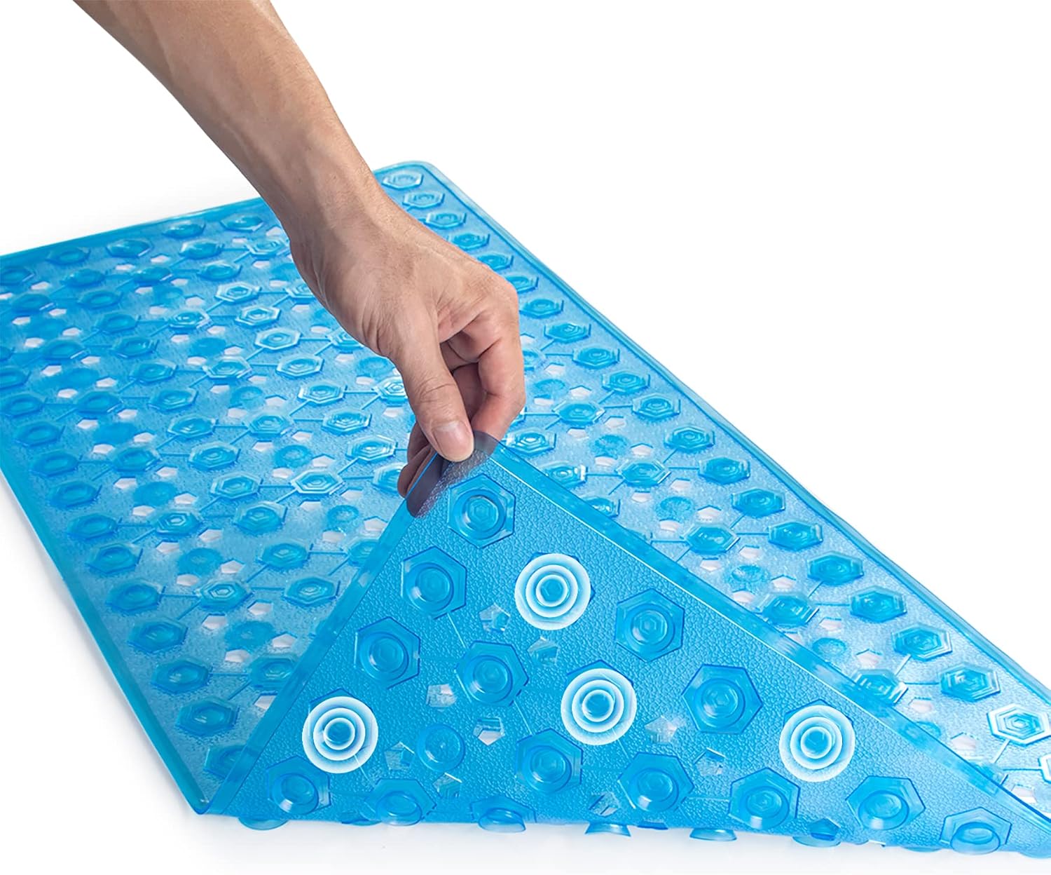 AmazerBath Shower Mat Non Slip Bathtub Mat 35.5x16 Inches, Large Bath Tub Shower Mat with Drain Holes, Patented Bath Mat for Tub with Big Suction Cups, Machine Washable, Soft on Feet, Clear Blue