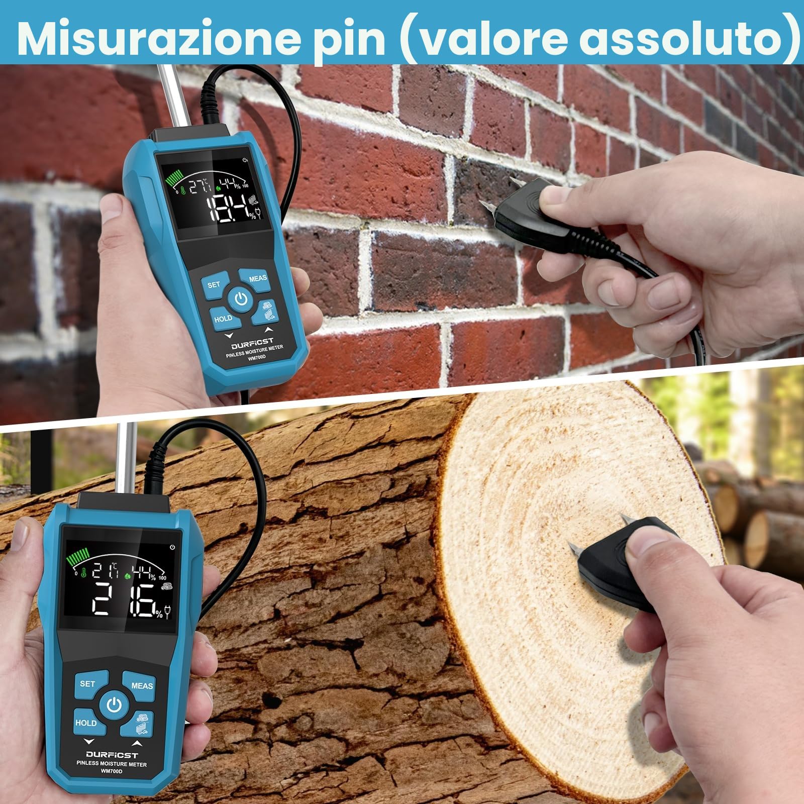 Misuratore di Umidità, DURFICST Igrometro Professionale,Misuratore Umidità Muri con LCD a Colori e Allarme Acustico, Profondità di Analisi 20-40 mm,per Legni, Parete, Pavimenti, Legno, Gesso