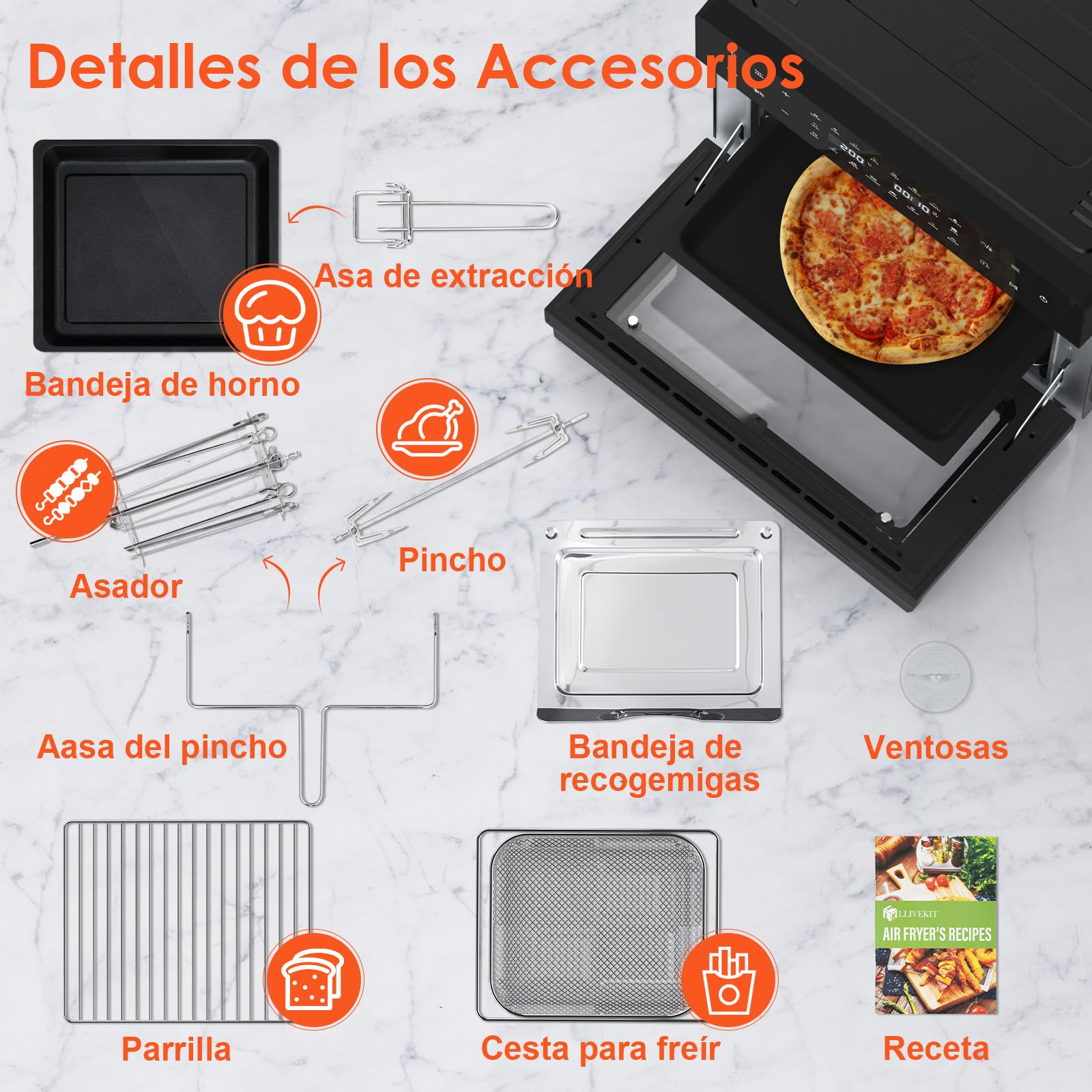 LLIVEKIT Freidora de Aire XXL 30 L con Asador Giratorio, 20 Programas | Horno Freidora sin Aceite con 9 Accesorios, Air Fryer Pantalla Táctil LED, Convección con Recetas, 1800W, 80°C-230°C