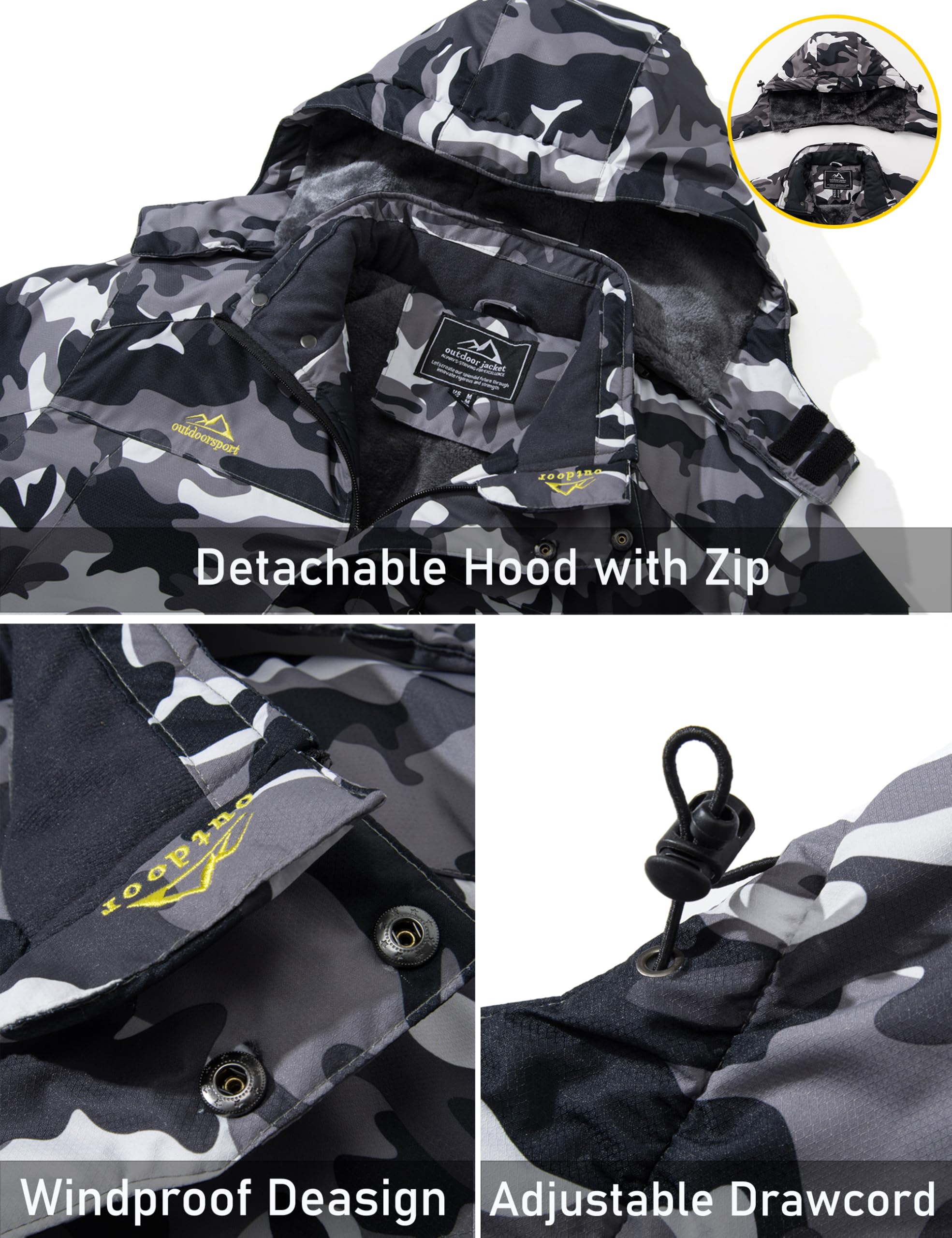 MAGCOMSEN Giacca da Sci Impermeabile da Uomo Antivento da Montagna Parka in Pile con Cappuccio