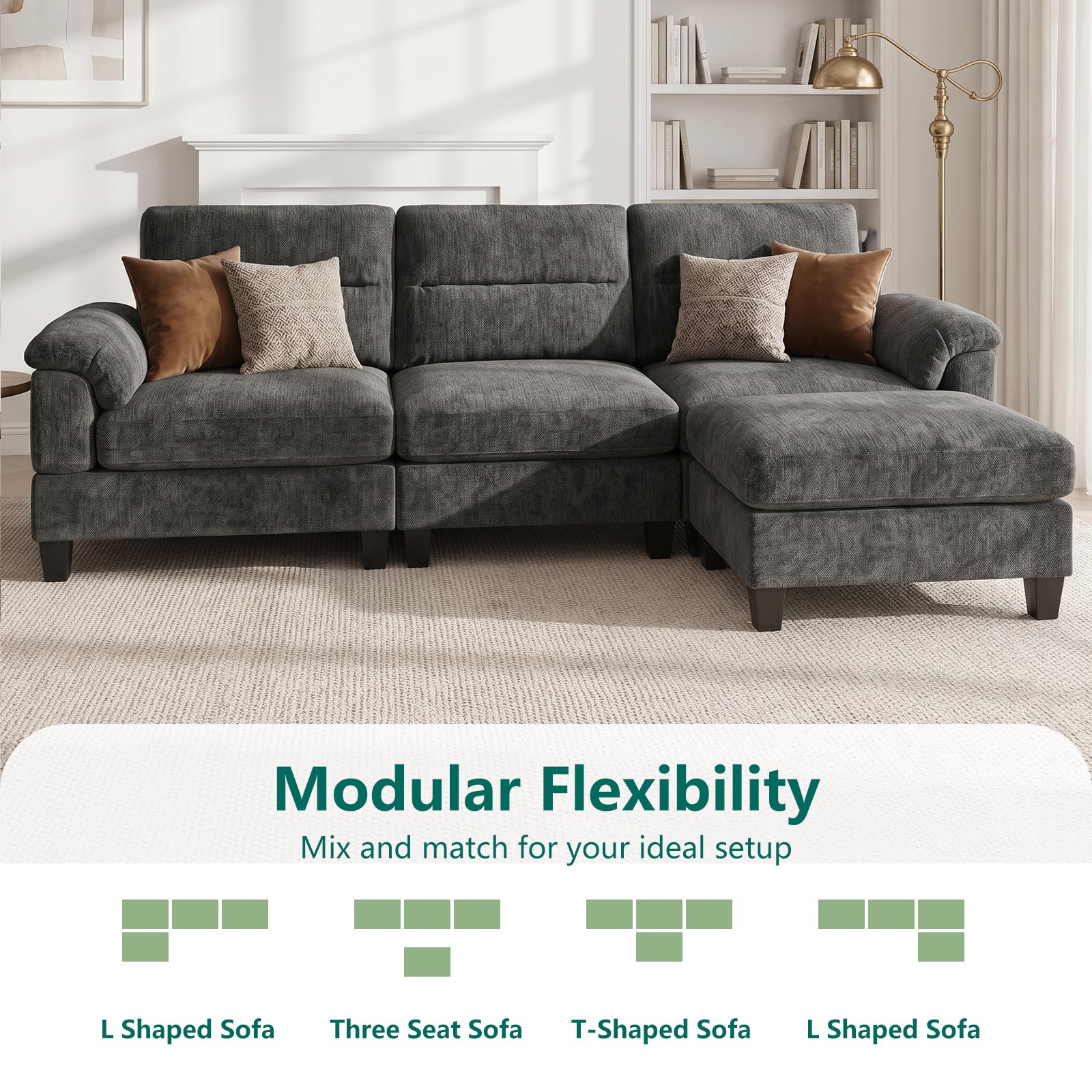 100.4" L-Shaped Modular Cloud Couch, Sectional Couches for Living Room | Cloud Comfort, Cozy Armrest Pillows, Elegant Chenille, Freely Modular, Quick Assembly, Dark Gray
