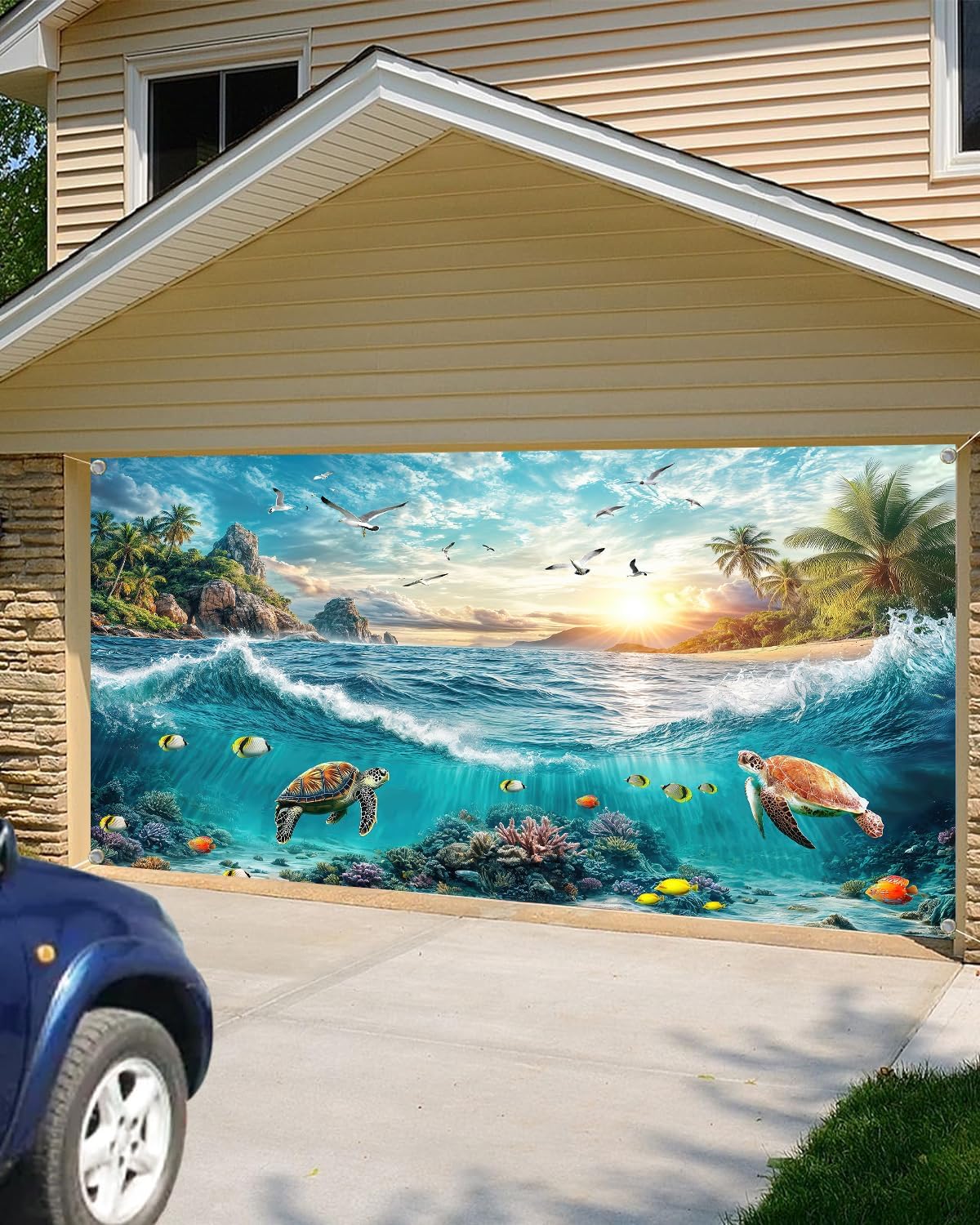 16X7ft Summer Under The Sea Garage Door Cover Decoration Background Beach Ocean Undersea Turtle Palm Tree Photography Backdrop Coral Sky Clouds Seaside Islands Sunset Decor Banner Cover
