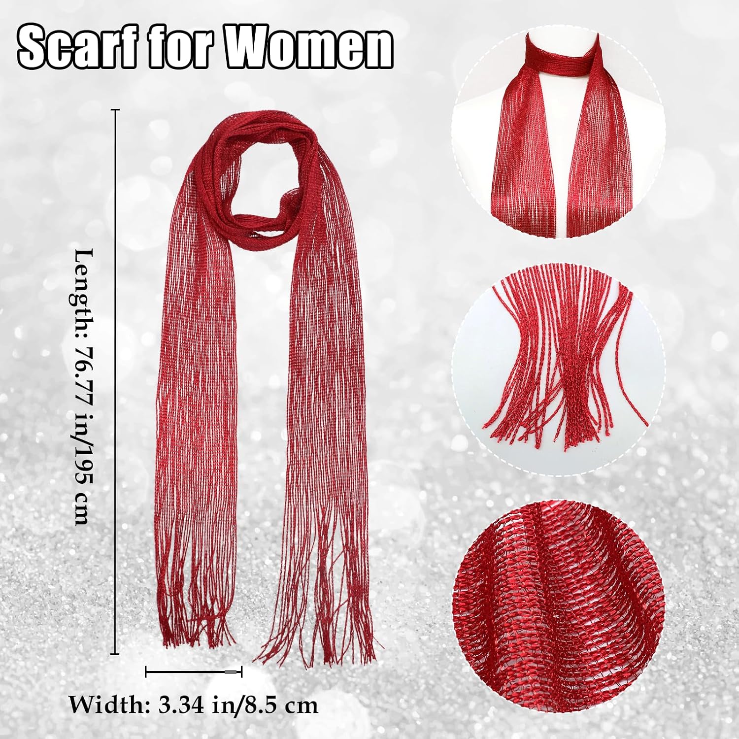 LJBFNN Glitter Scarf for Women, Long Thin Skinny Neck Scarves Belt Lightweight Sparkly Head Scarfs Ties for Party Prom Club