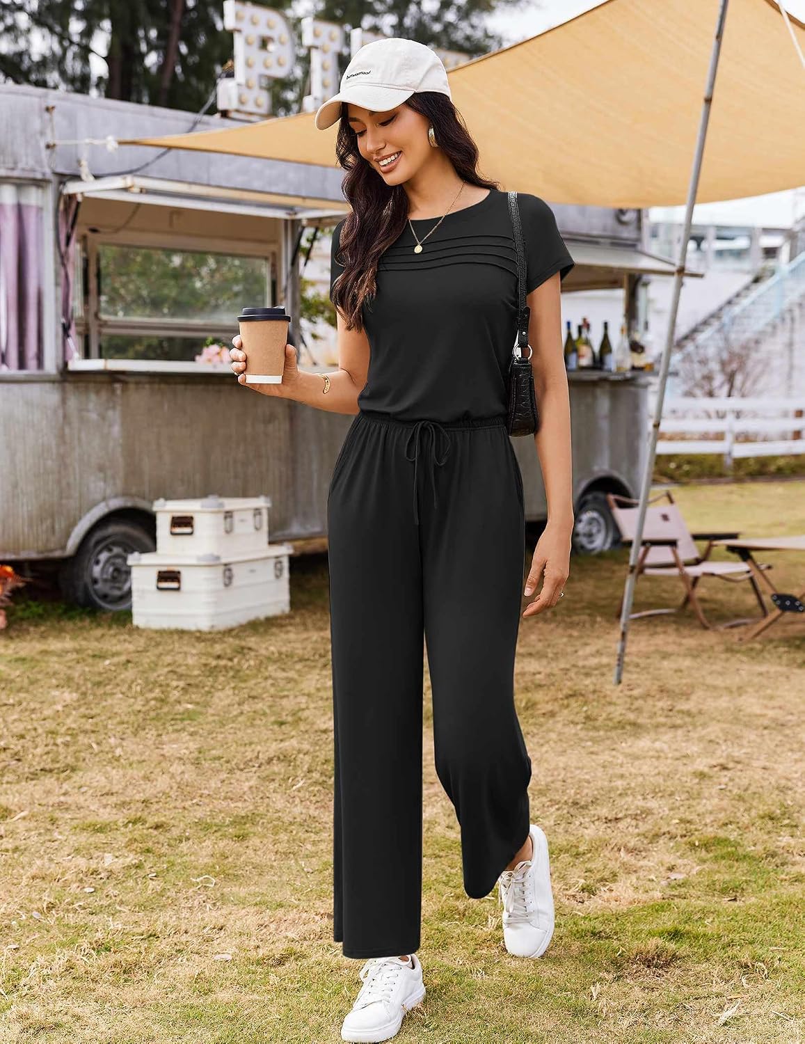 Ekouaer Jumpsuits for Women 2026 Summer Casual Round Neck Pleated Front Womens Rompers With Pockets Vacation Outfits
