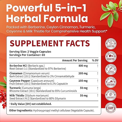 Miniatura 2 de VEV Berberine Supplement with Ceylon Cinnamon, Cayenne Pepper, Turmeric, Milk Thistle, Vegan & Non-GMO – 120 Capsules