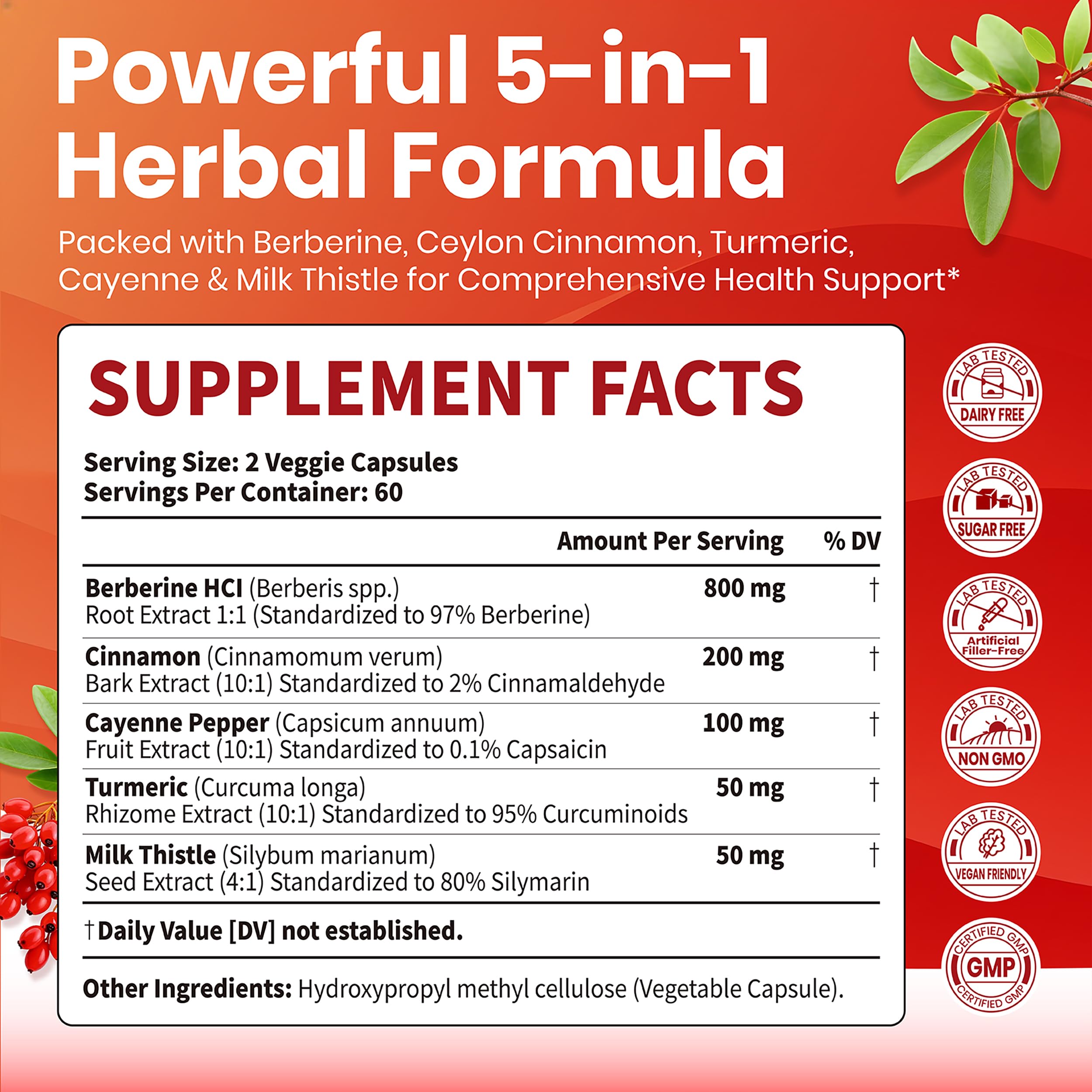 VEV Berberine Supplement with Ceylon Cinnamon, Cayenne Pepper, Turmeric, Milk Thistle, Vegan & Non-GMO – 120 Capsules