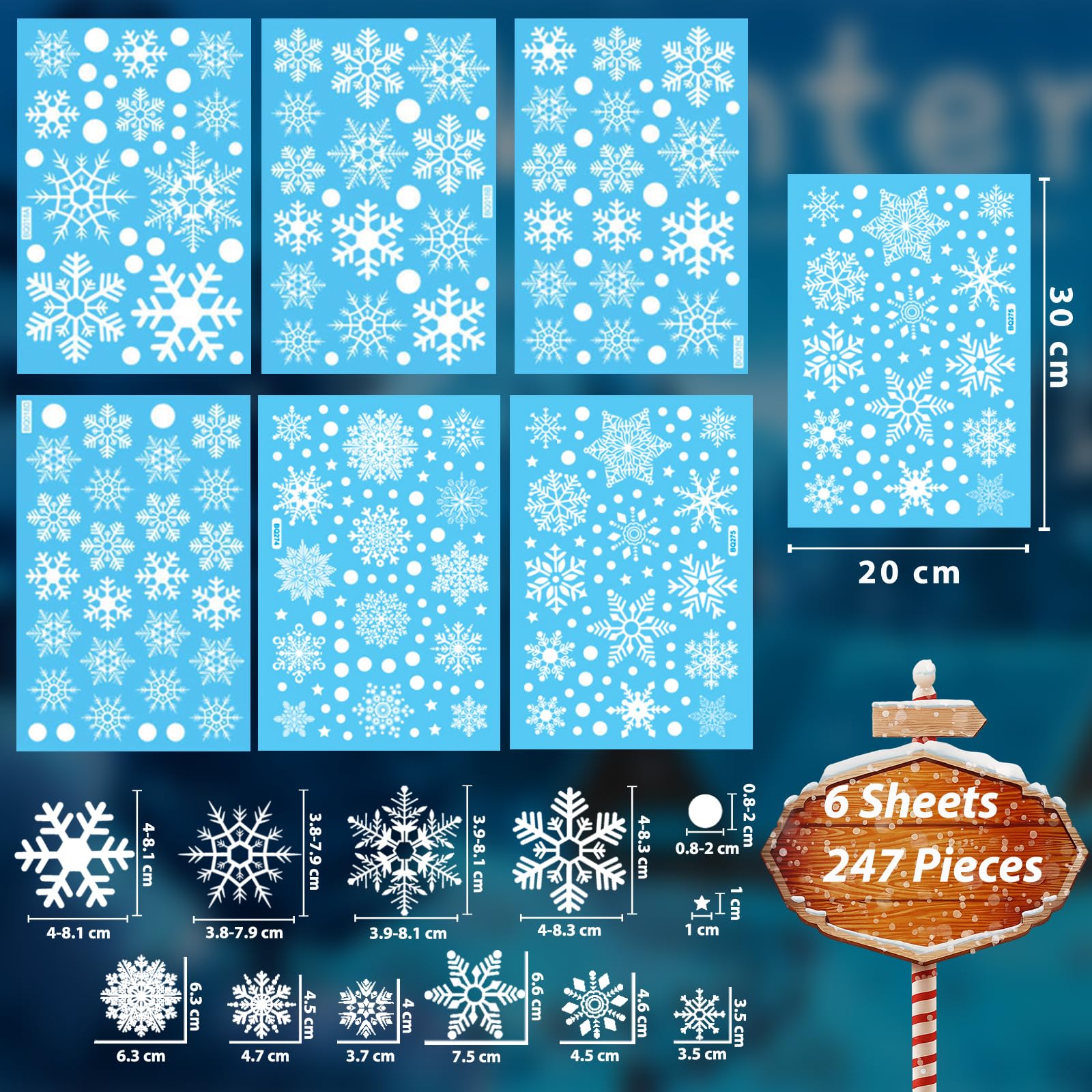 Niviy 6 Fogli Vetrofanie Natalizie, 247 Pezzi Vetrofanie per Finestre Riutilizzabile con Fiocchi di Neve,Adesivi Autoadesivi Adesivi per Finestre di Natale, Decorazioni Natalizie