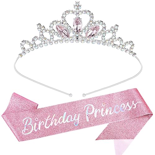 COCIDE Fajas y tiaras de "princesa de cumpleaños" para niñas, coronas rosadas y tiaras para mujeres, kit de accesorios de fiesta de cumpleaños,
