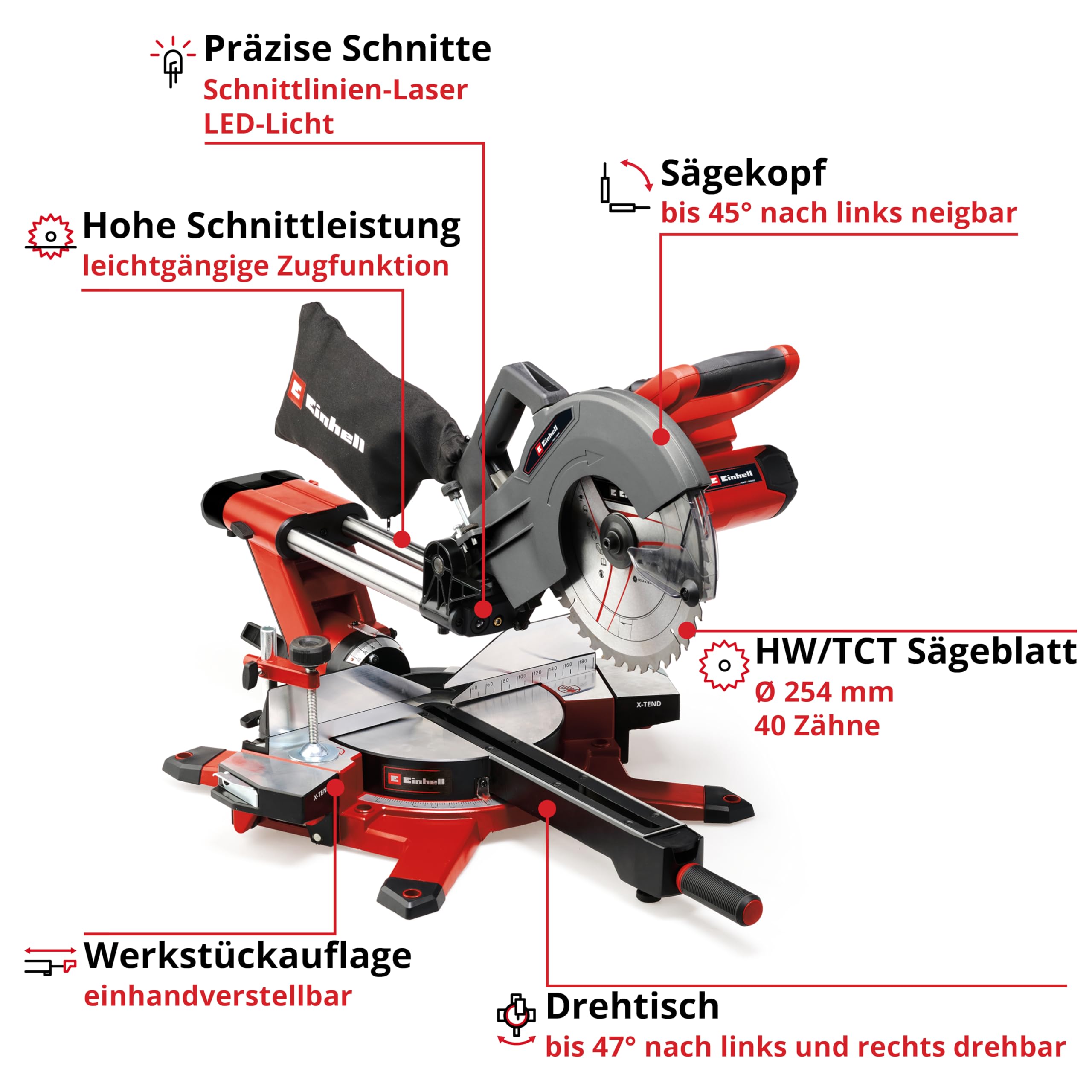 Einhell Akku-Zug-Kapp-Gehrungssäge TE-SM 36/10 L Li-Solo Power X-Change (36 V, max. 85 mm x 340 mm Schnitttiefe/-breite, Ø 254 mm Sägeblatt, neigbarer Sägekopf, ohne Akku)