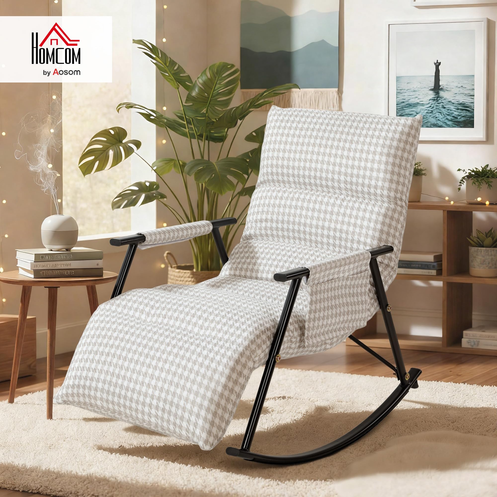 HOMCOM Silla Mecedora con Respaldo y Reposapiés Ajustables, Mecedora Sillón Balancín 105°, Tapizada en Lino, con Bolsillo Lateral y Marco de Metal, Carga 120 kg, para Dormitorio, Salón, Gris y Blanco