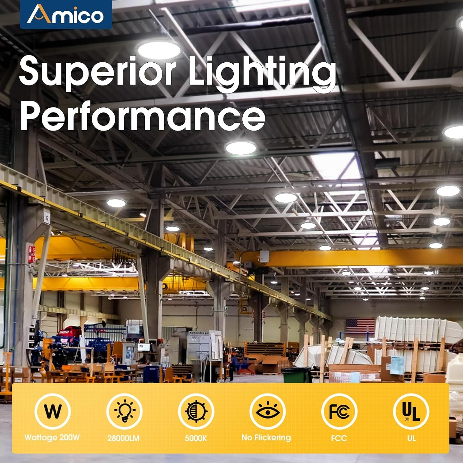 Amico 16 Pack 200W UFO LED High Bay Light 28,000lm 5000K LED High Bay Lights with UL Listed US Hook 5' Cable Alternative to 650W MH/HPS for Gym Factory Barn Warehouse