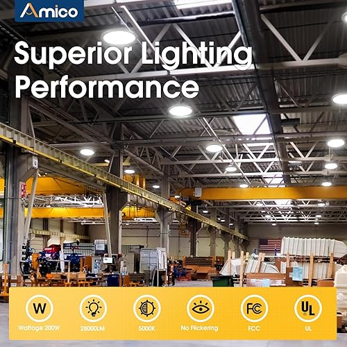 Miniatura 2 de Amico Paquete de 10 luces LED UFO de 200 W, 28,000 lm, 5000 K, luces LED de alta bahía con gancho de EE. UU. con certificación UL, cable de 5 pies