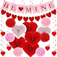 Heartome 26PCS Valentines Decorations, Happy Valentines BE MINE Banner, Heart Felt Garland Paper Fans POMPOM Flowers, Red Pink Hanging Swirls for Heart Love Party Decorations Decor Wedding Supplies