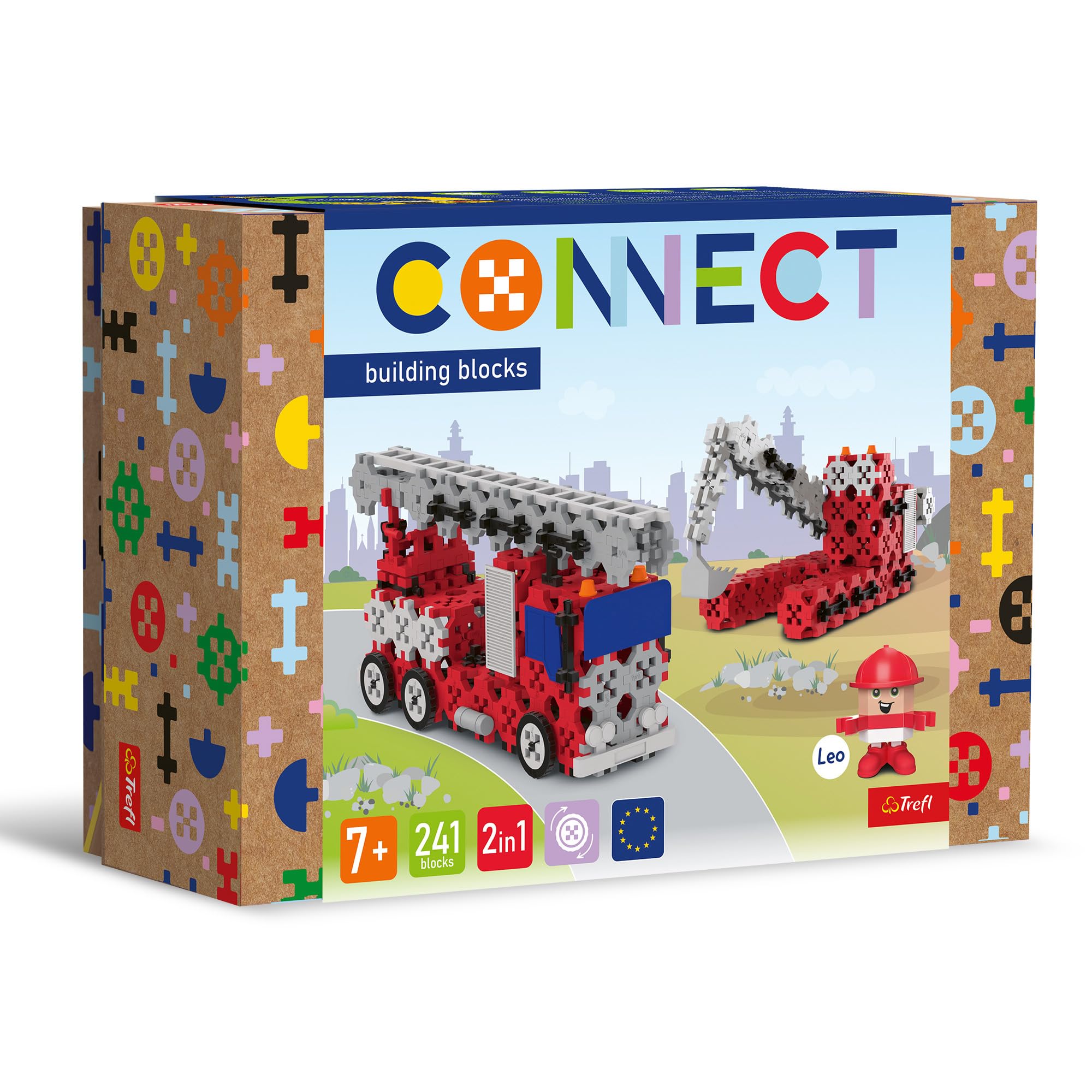 Connect Trefl Mattoncini 2in1: Vigili Del Fuoco O Escavatore Cingolato - 241 Pezzi Con Personaggio Leo - Gioco Creativo Per Bambini 7+