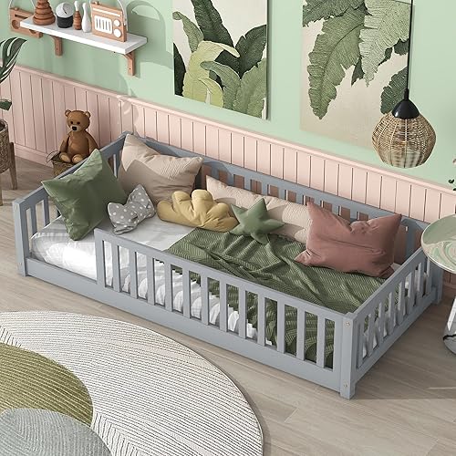 Miniatura 10 de Harper & Bright Designs Cama de suelo tamaño Queen con valla y puerta, marco de cama Montessori de madera para niños, niñas, listones incluidos, no