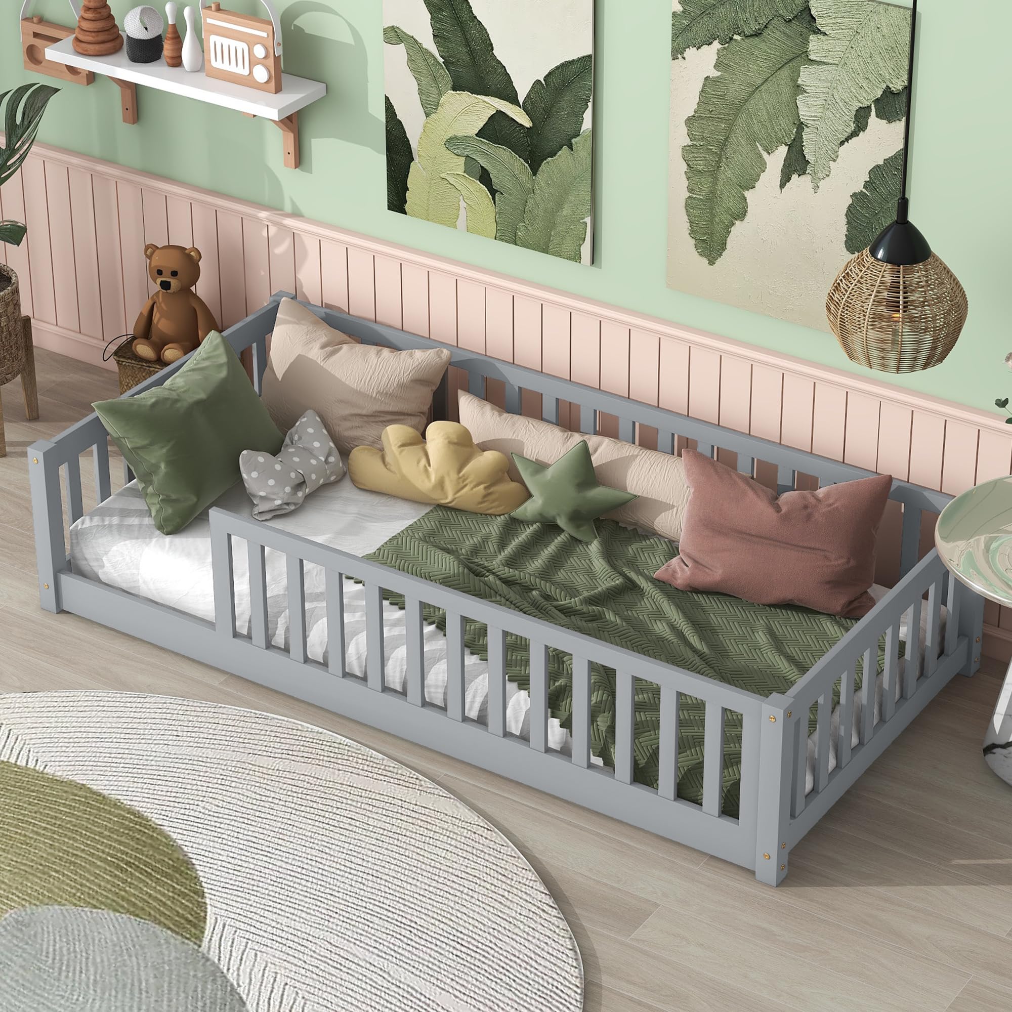 Bellemave Twin Size Floor Bed with slats for Kids, Girls, Boys, Wood Montessori Floor Bed with Guard Rails, Without Door, Gray