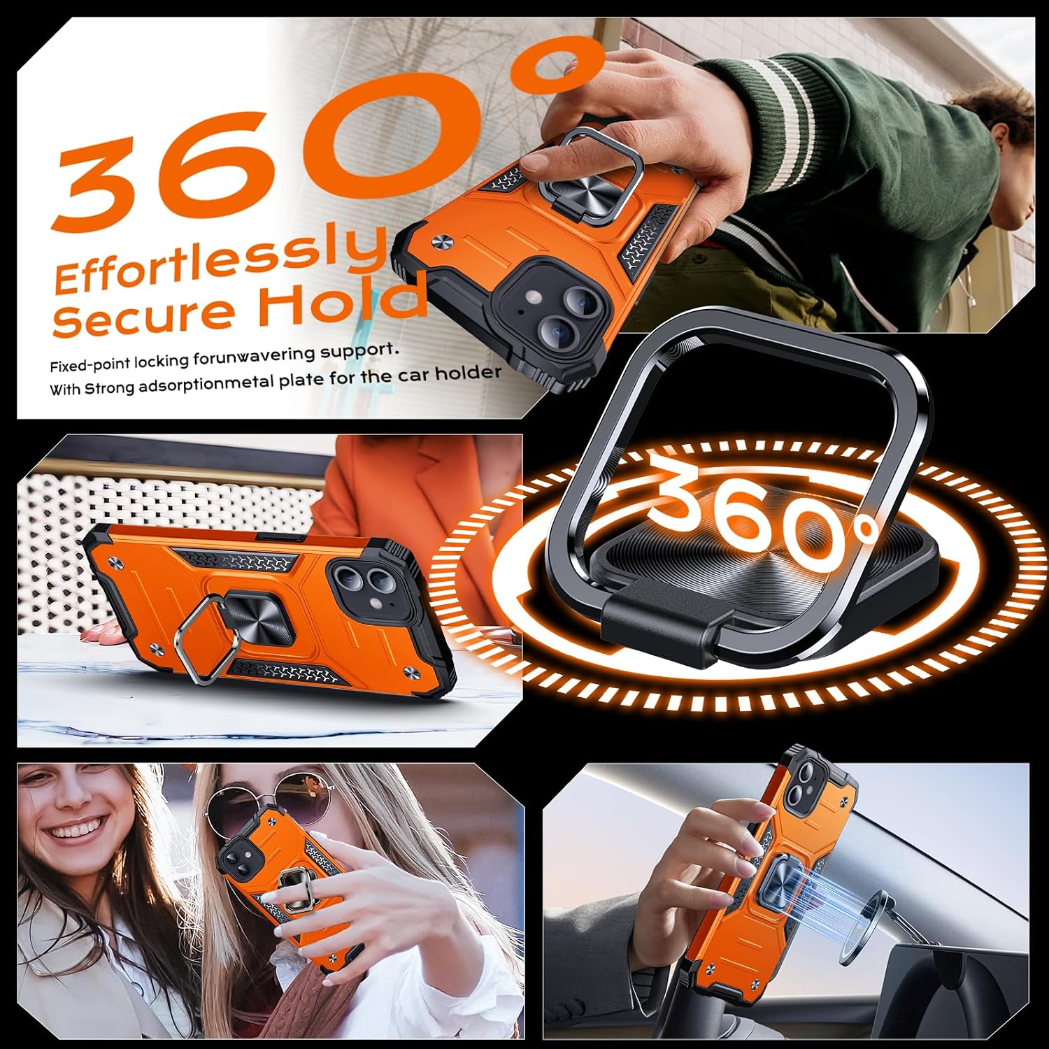 Anqrp Heavy Duty Case for iPhone 12 Mini Case with Enhanced Ring Holder Grip Stand, Military Grade Shockproof Rugged Drop Protective Silicone Hard Slim iPhone 12 Mini Phone Case Cover,Orange image 2