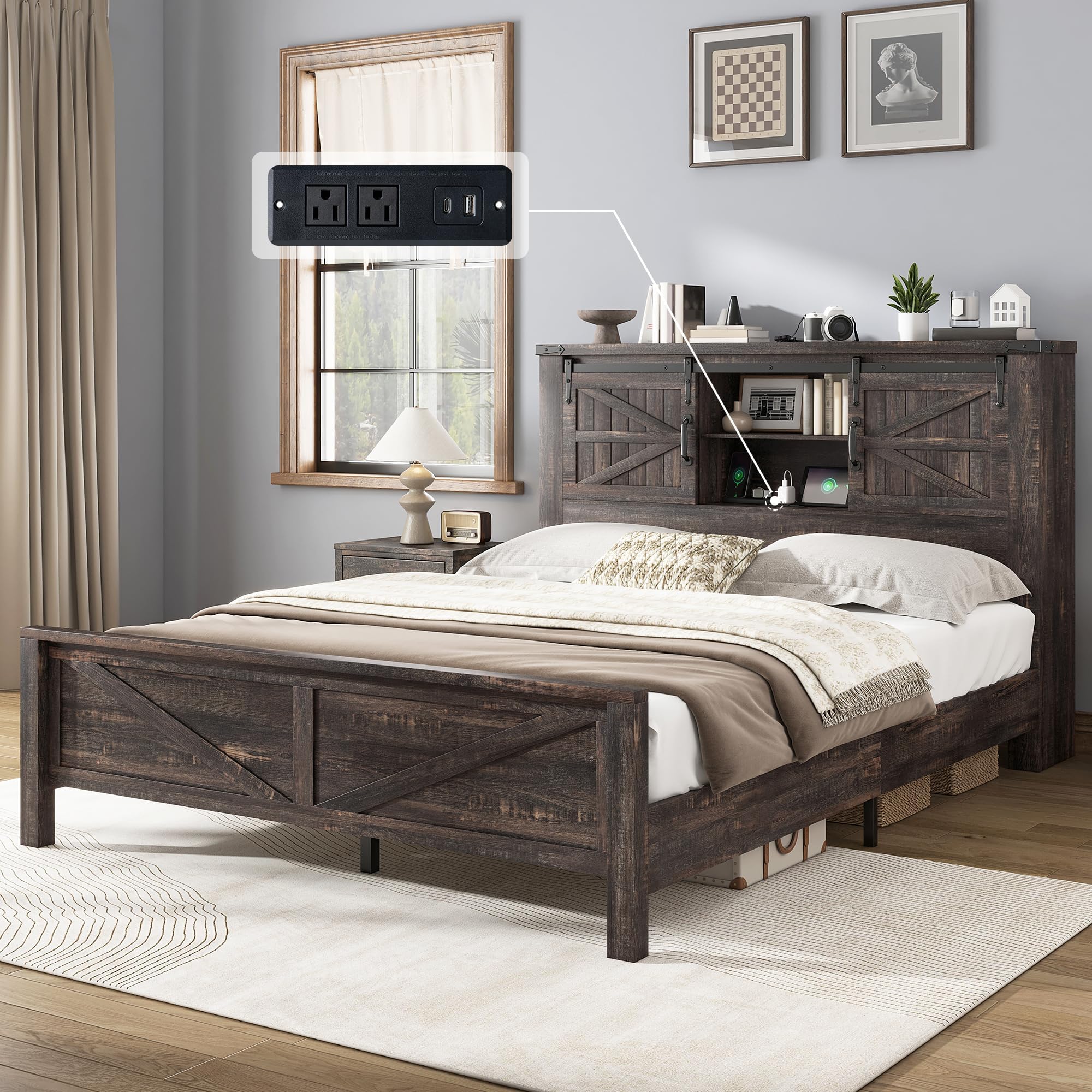 AMERLIFE Queen Farmhouse Platform Bed Frame with Storage Headboard | Dark Oak , Rustic Wood Finish, Bookcase Storage, Sliding Barn Door, Charging Station, No Box Spring, Bedroom Use