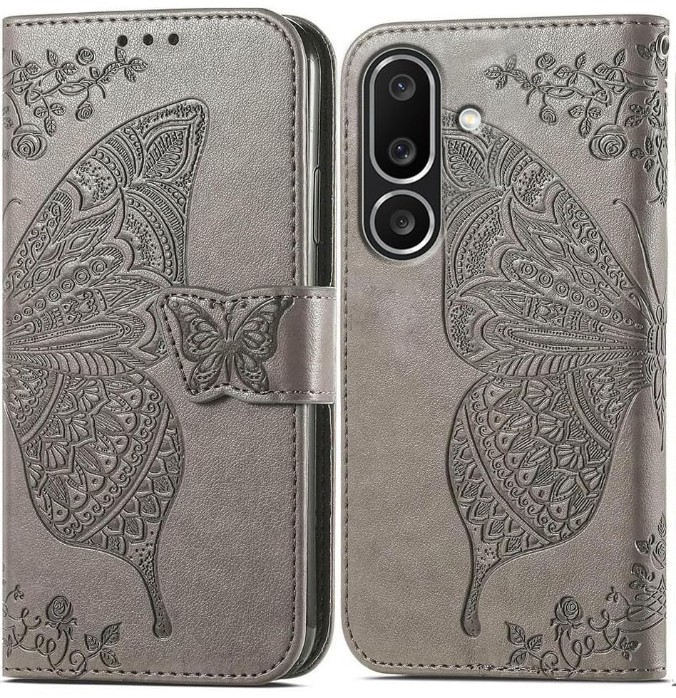 Image of ClickCase Butterfly Series for Samsung Galaxy M36 5G Leather Embossing Wallet Flip Case Kick Stand Magnetic Closure Flip Cover for Samsung Galaxy M36 5G (Grey)