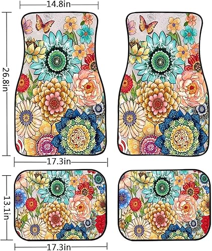 Miniatura 7 de Mumeson Alfombrillas bohemias florales para automóvil, para mujer, duraderas, para decoración interior de automóvil, 4 piezas, delanteras, traseras
