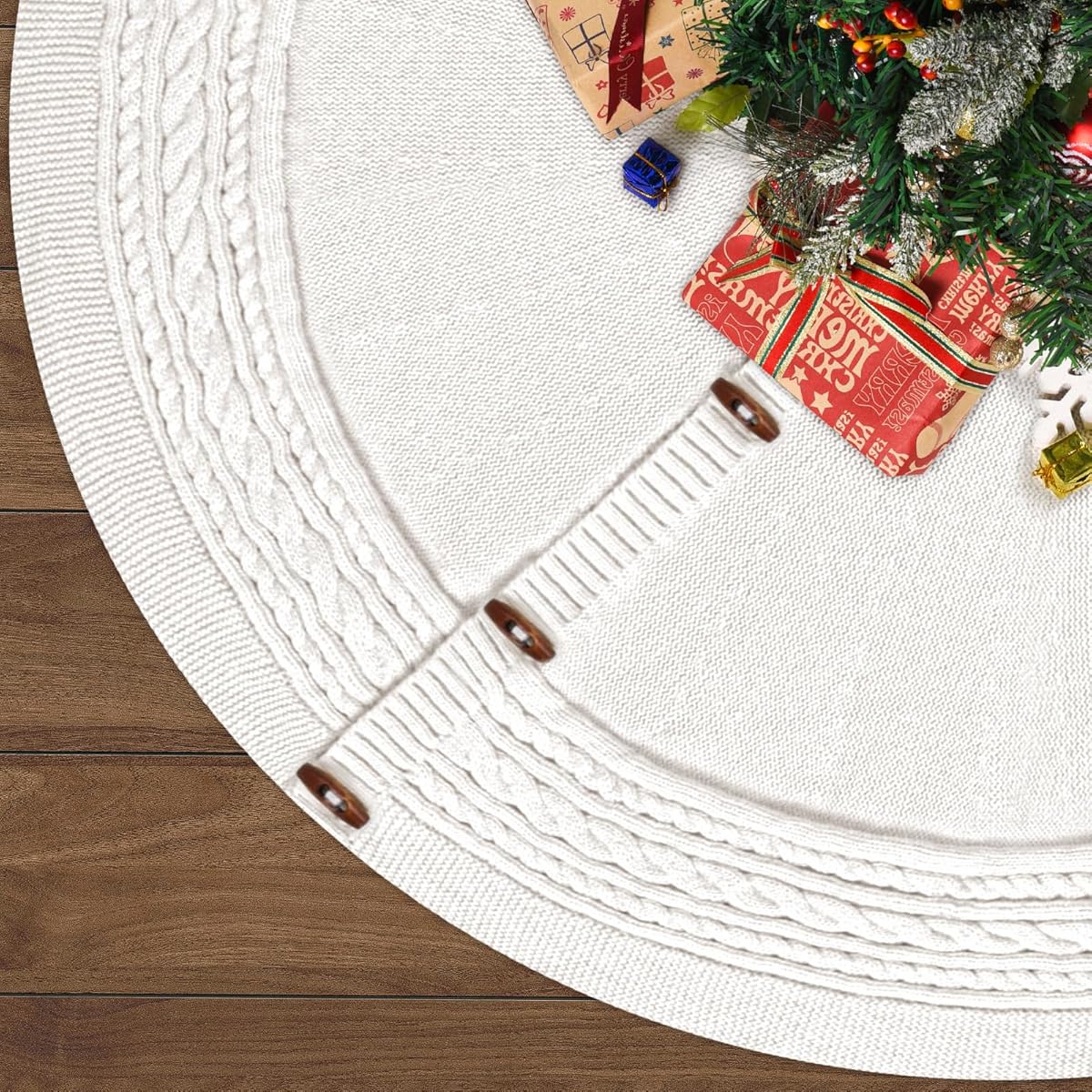 Christmas Tree Skirt, 48 Inch Classic Holiday Decoration with Cable Knit Pattern, Thick Knitted Style for Rustic Farmhouse Christmas Decor, White