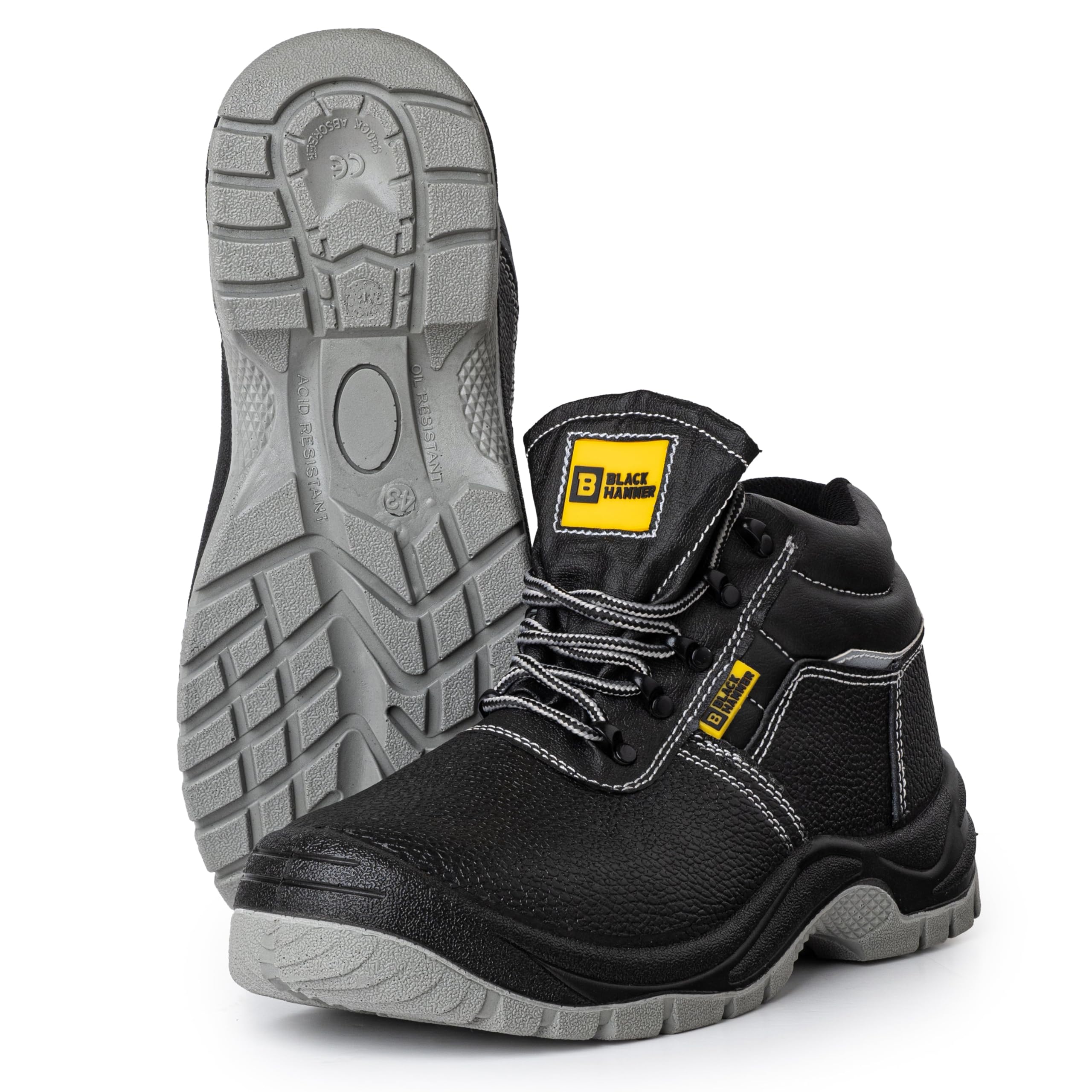 BLACK HAMMER Botas Seguridad para Hombre Piel lisa Antideslizante Repelente al Agua con Puntera de Acero y Entresuela de Acero Cómodo y Robusto Zapatos de Trabajo para Exterior S3 SRC 1300