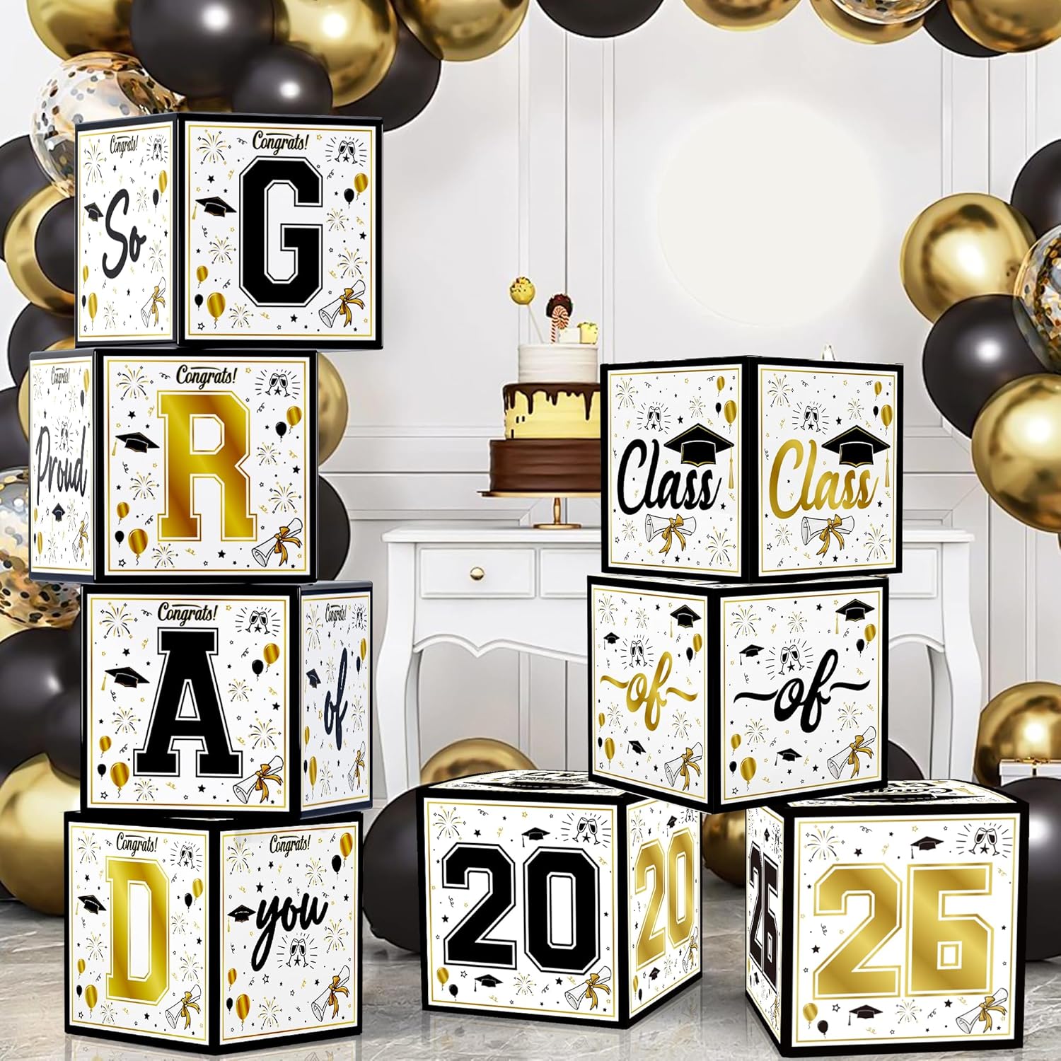 OHOME 8 Pack Graduation Decorations 2026 – Black Gold Balloon Boxes for Class of 2026 Party Favors Supplies – Graduation Party Decorations 2026 Yard Signs Banner Backdrop Decor (Black)