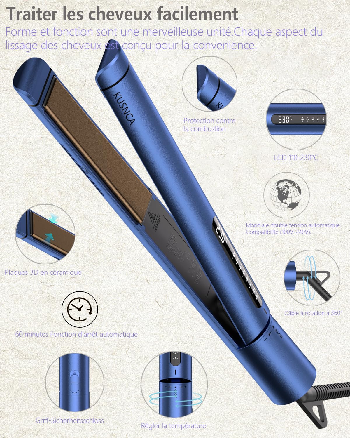 KUSNCA Lisseur Cheveux, 2 EN 1 Lisseur Boucler et Lisser Lisse et Brillant, 3D Plaque Céramique Flottante Empêche Les Cheveux de Tirer, Face Avant Avec Fonction Anti-brûlure, LCD 110°C-230°C (Bleu)