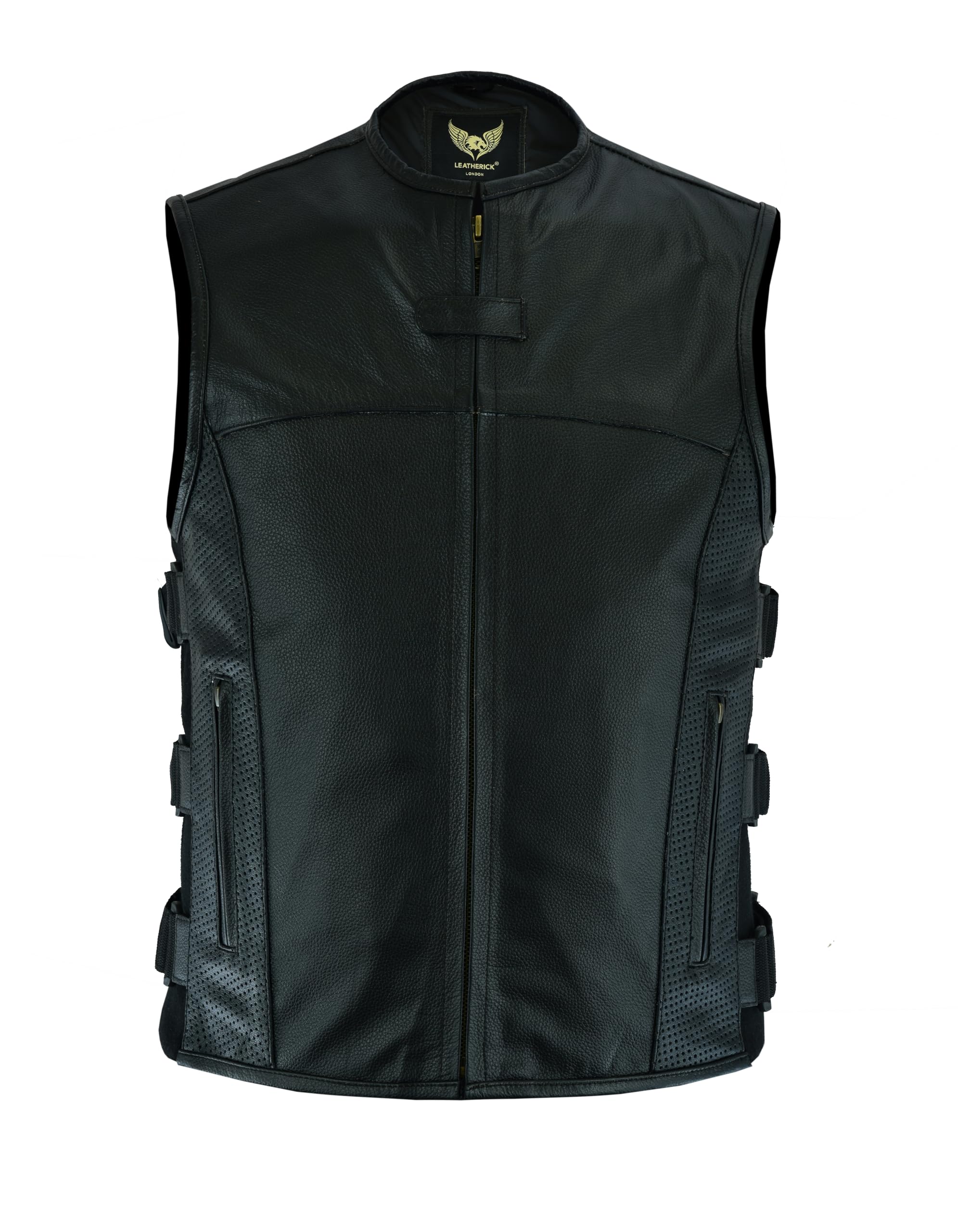 Leatherick Warrior - Gilet tattico in pelle da uomo, con tasche per pistola e punture sulle alette tascabili