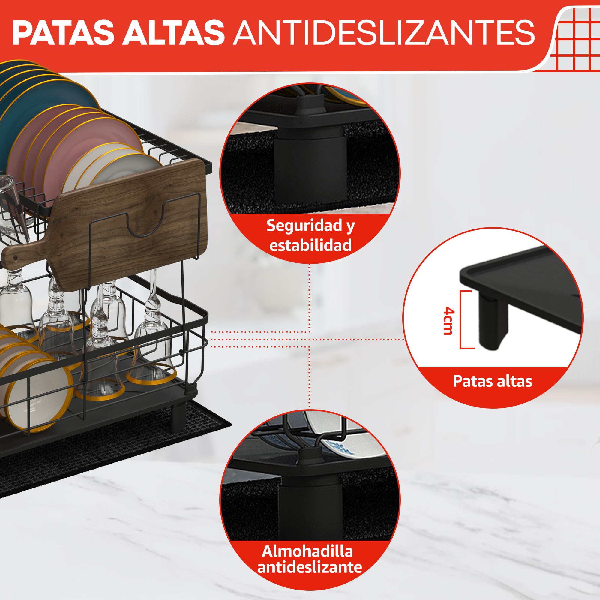 Escurreplatos sobre Fregadero - escurridor de Platos con Alfombrilla escurreplatos y Sistema de Drenaje automático a Fregadero - Fácil Limpieza y Montaje Sin Herramientas (2 Niveles)