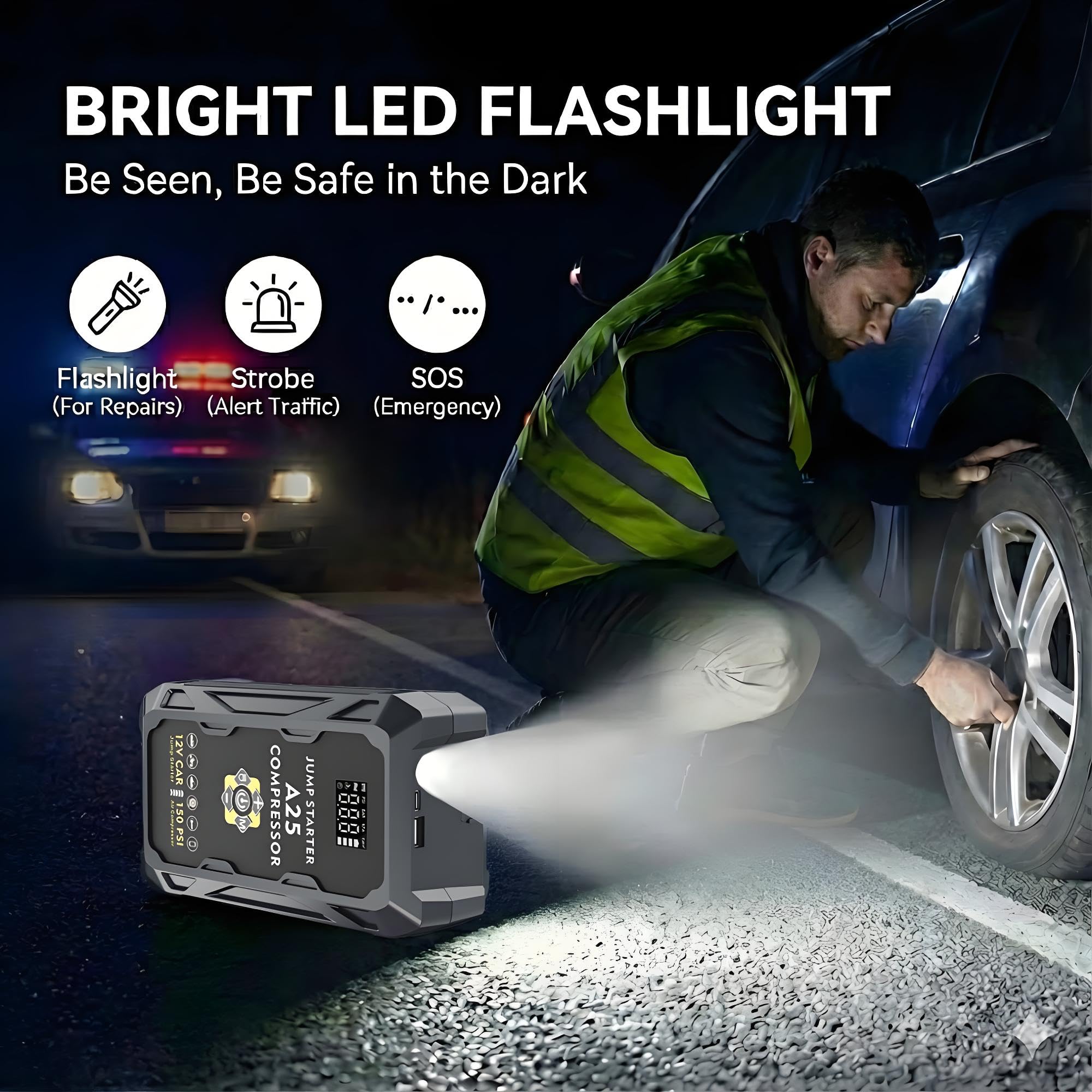 Paquete de energía de arranque de 5000 A con compresor de aire de 150 PSI, 8 en 1 de 12 V, arrancador de batería de coche para todos los motores diésel de gasolina/6.5 L, banco de energía con QC3.0