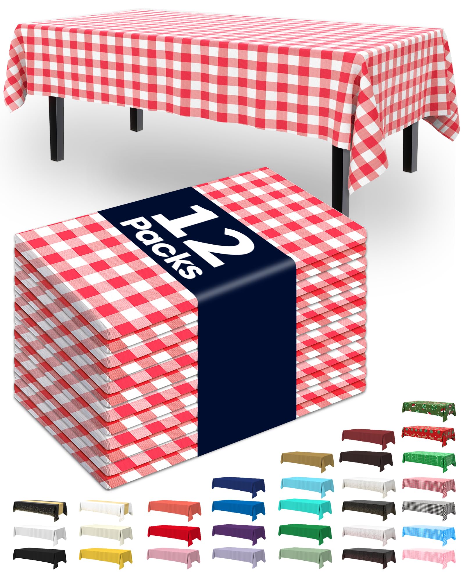 Pureegg Paquete de 12 manteles de plástico desechables, de 54 x 108 pulgadas, para fiestas, pícnics, manteles decorativos a cuadros, rectangular, cubierta a cuadros rojos y blancos, a prueba de fugas