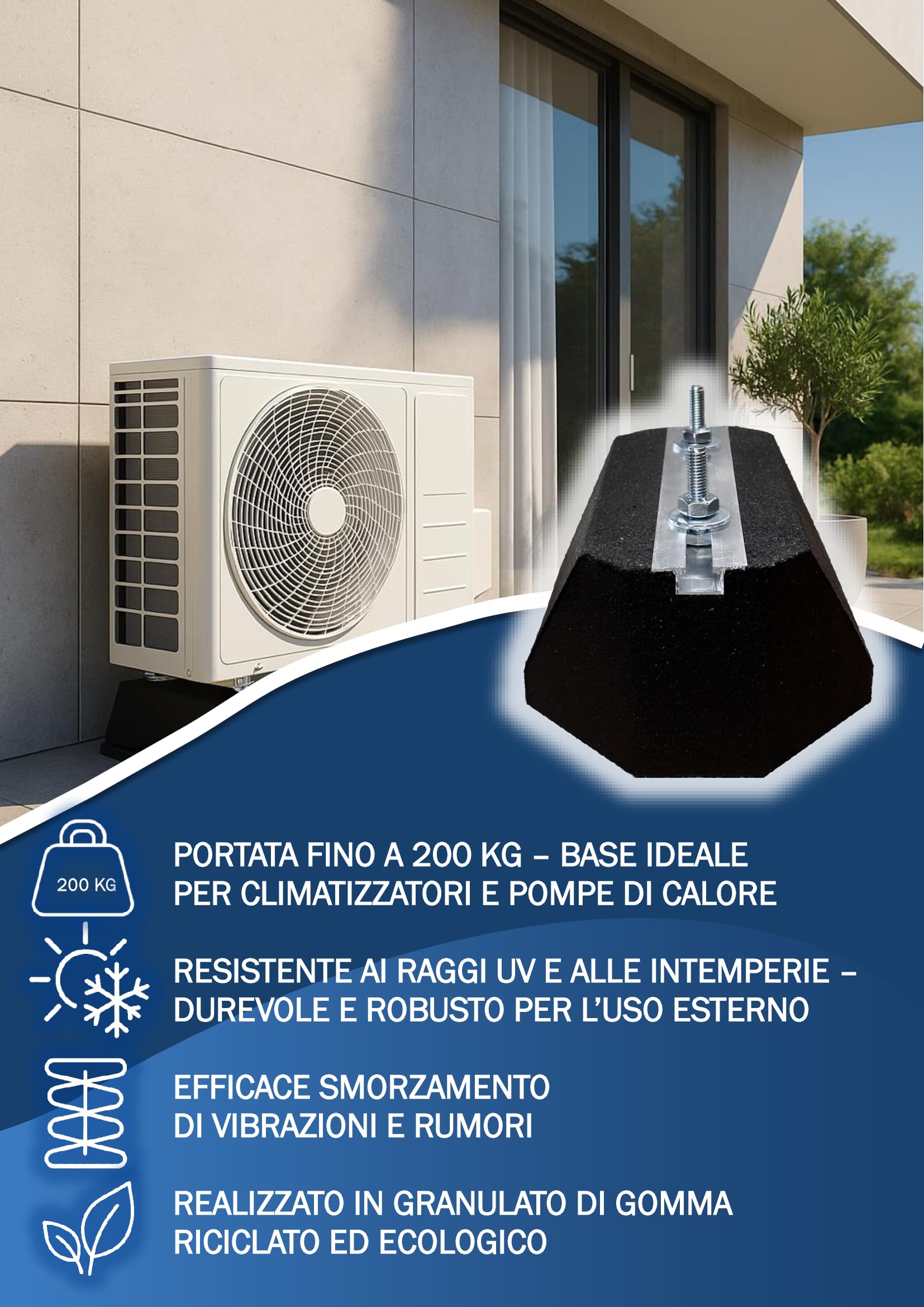 Black panda - Base in gomma da 40 cm con fissaggio – Blocco antivibrazione per pompe di calore, condizionatori d'aria e refrigerazione, portata 200 kg – Resistente ai raggi UV e alle intemperie, viti
