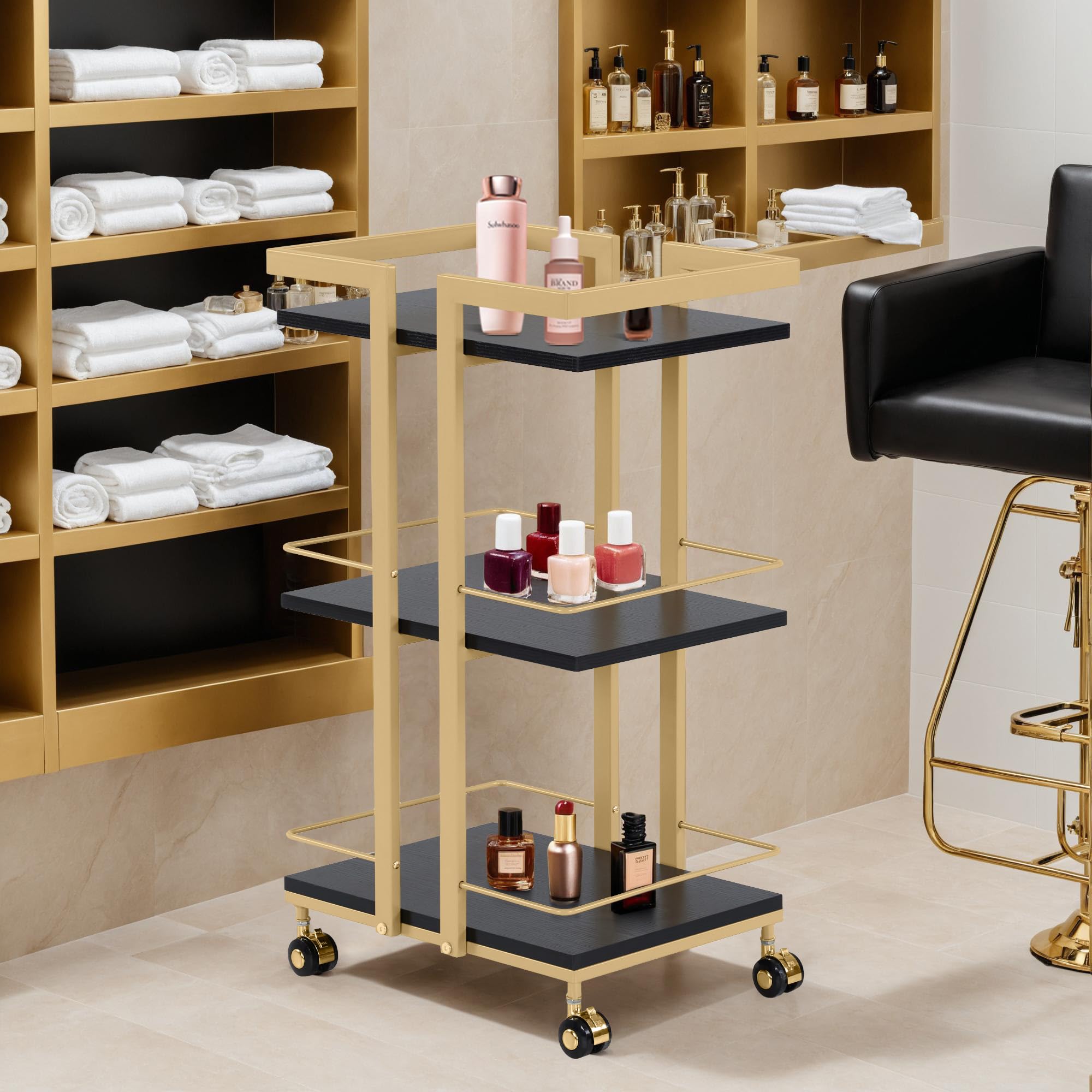 M MCombo Servante à roulettes, desserte de Cuisine Bar Châssis métallique Noir et Or, desserte Polyvalente Moderne à 3 Niveaux, pour Cuisine Salon Bureau, 0033