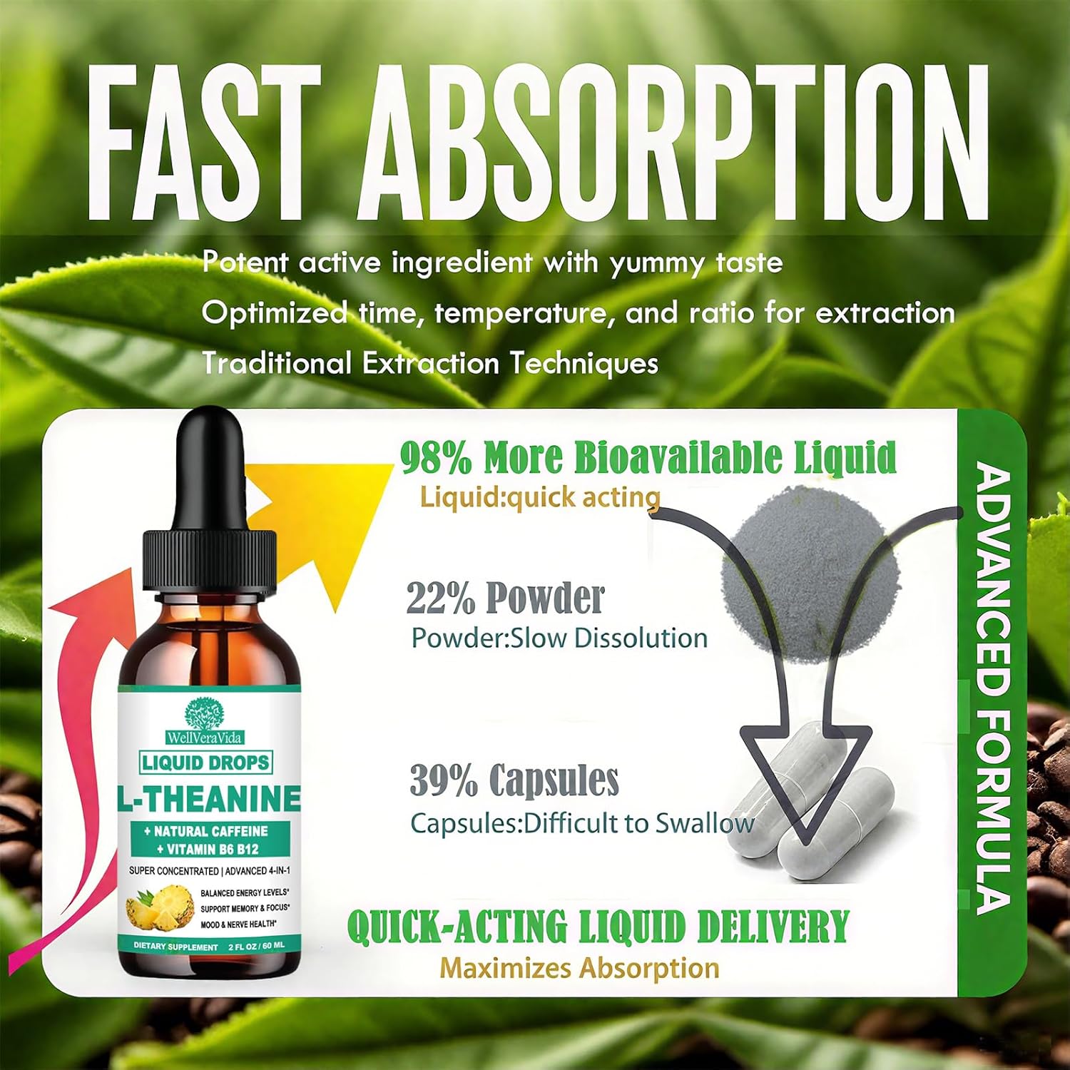 L Theanine Caffeine Liquid Drops, High Potency L-Theanine 100mg w. Caffeine Vitamin B12 B6, Natural Nootropic Brain for Smooth Energy Focus Alertness, 6X Stronger Than Pills Powder Gum - Image 5