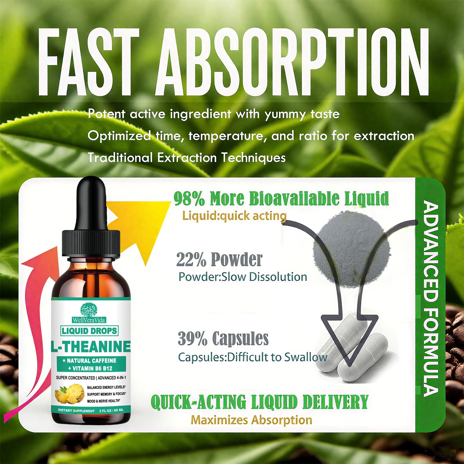WellVeraVida L Theanine Caffeine Liquid Drops, High Potency L-Theanine 100mg w. Caffeine Vitamin B12 B6, Natural Nootropic Brain for Smooth Energy Focus Alertness, 6X Stronger Than Pills Powder Gum — Amazon image 5