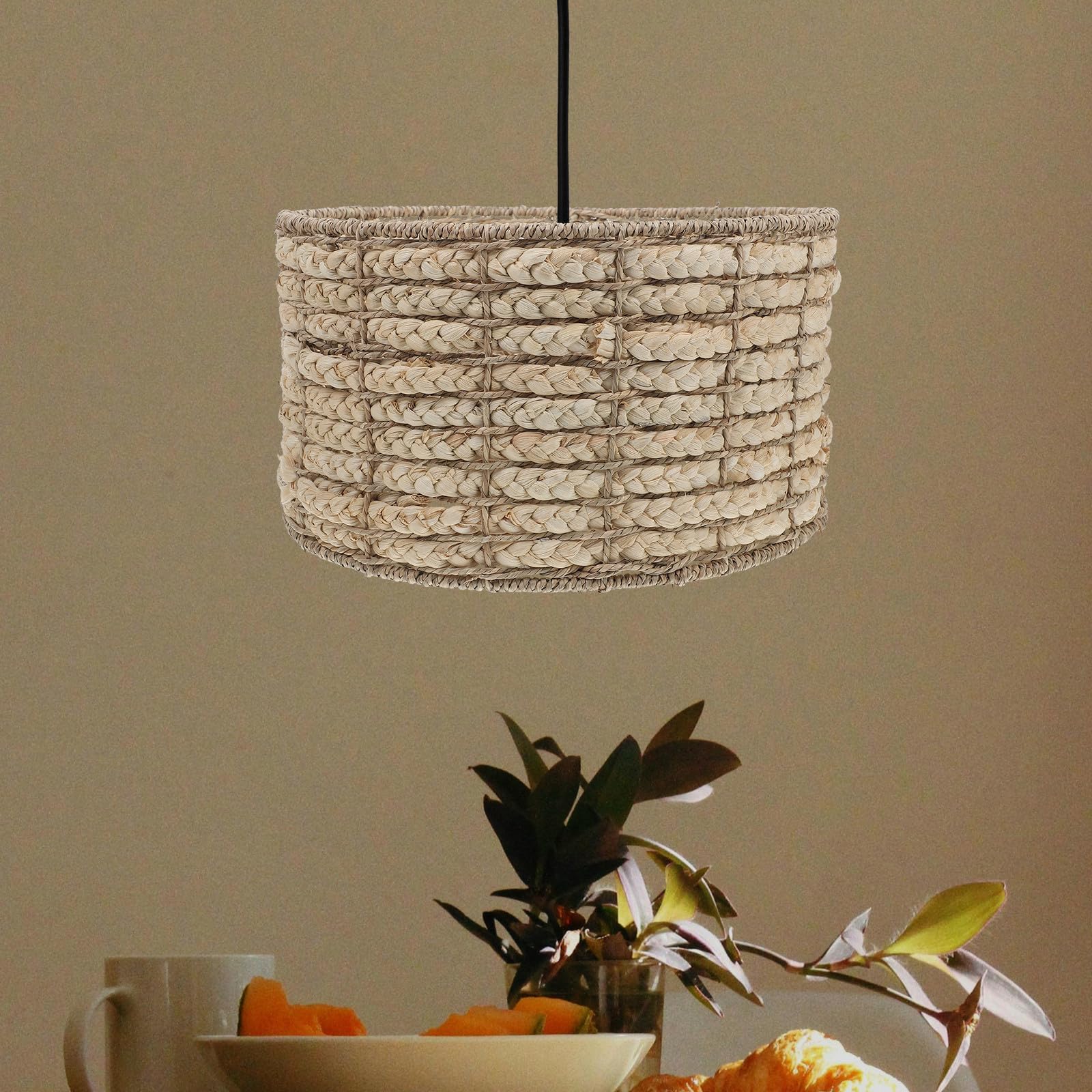 Paralume in Alga Marina e Ferro, Beige, Luce Soffusa, Stile Rustico Naturale, per Casa e Soggiorno, per Lampada a Sospensione e Decorazione Sala da Pranzo