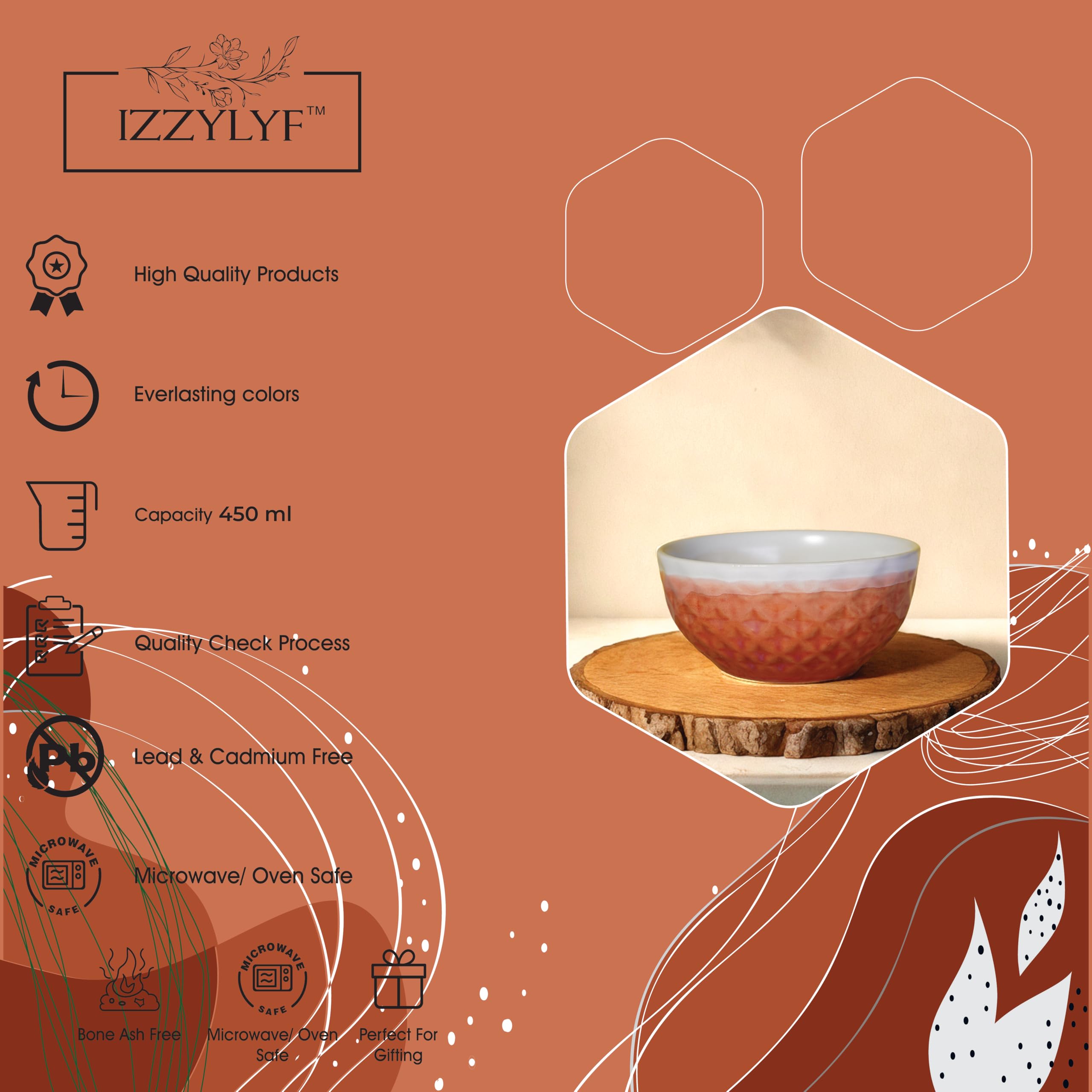 IZZYLYF 'Royal Pink' Ceramic Snack Bowl Set of 2 (450 ml Each) | Microwave & Dishwasher Safe Bowl Set for Party, Dinner Table & Gifting | Stylish & Fancy Design Bowl Set for Snacks, Desserts & Salads 4