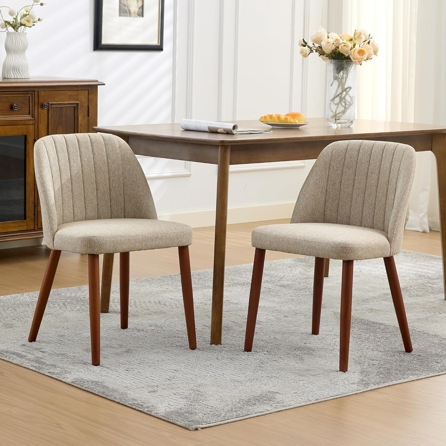 Juego De 2 Sillas De Comedor Modernas Tapizadas. Cómodo Asiento Acolchado De Tela De Lino. Patas De Madera Resistentes. Sillas Auxiliares Ergonómicas Para Cocina, Comedor, Restaurante y Cafetería