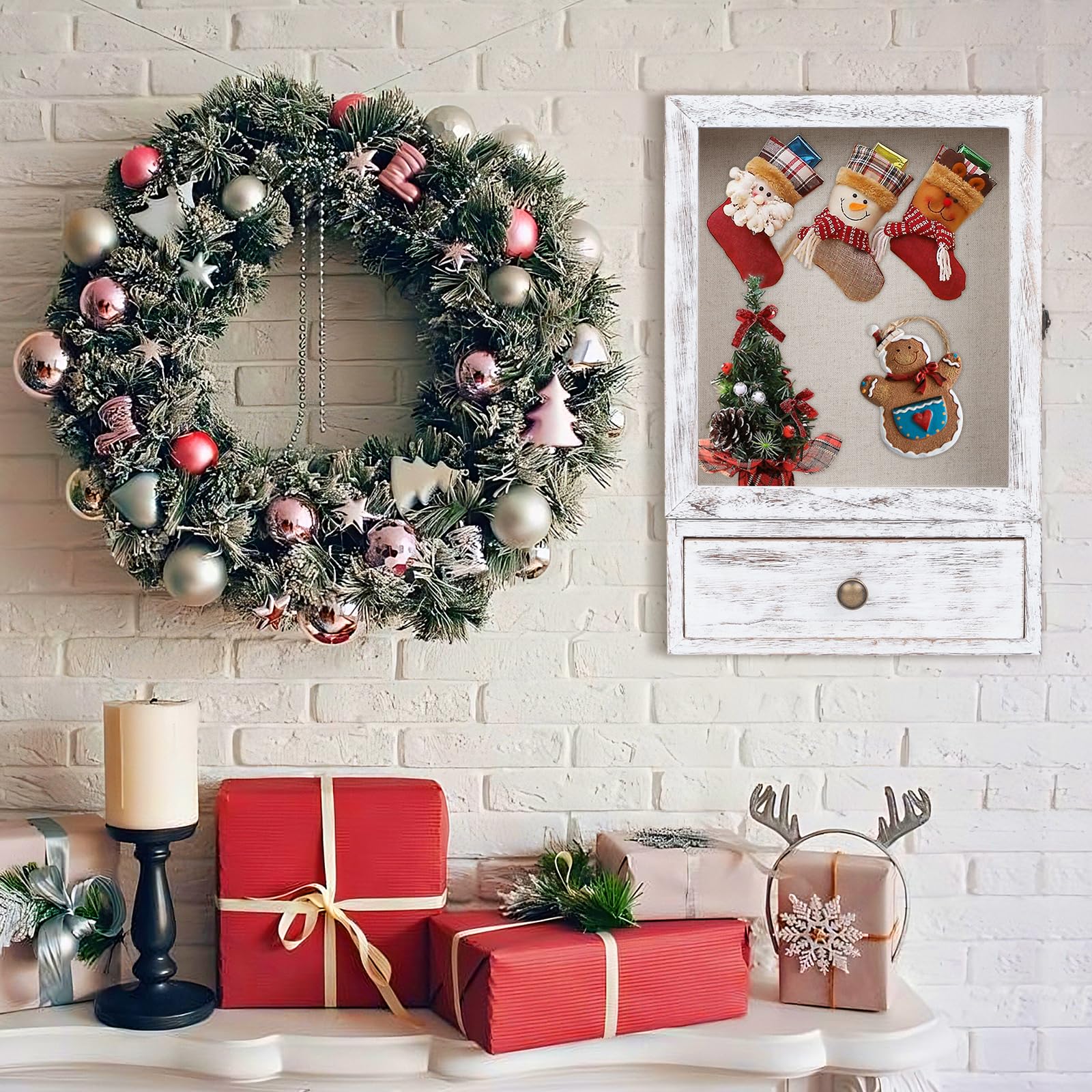 Butizone Shadow Box Frame, 3.2â€? Deep Shadow Box Display Case with Real Glass and Drawer, Rustic Wood Memory Box for Pictures, Flowers, Memorial, Medals, Wedding Bouquet for Wall or Tabletop, White