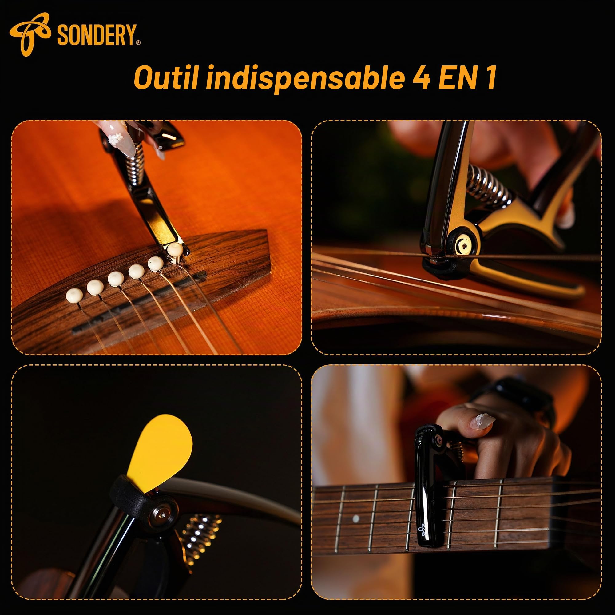Capodastre Pour Guitare Acoustique Et Électrique 6 Cordes Capodastre 4 En 1 Avec Coupe‑cordes Arrache‑chevilles Et Support De Médiator