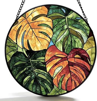 Hand-Painted Green Plant Suncatcher, 8 Inch Round Acrylic Window Hanging, Tropical Foliage Sun Catcher with Metal Chain, Boho Decor for Indoor Outdoor Home Porch Garden, Gift for Plant Lovers