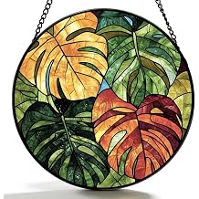 Hand-Painted Green Plant Suncatcher, 8 Inch Round Acrylic Window Hanging, Tropical Foliage Sun Catcher with Metal Chain, Boho Decor for Indoor Outdoor Home Porch Garden, Gift for Plant Lovers
