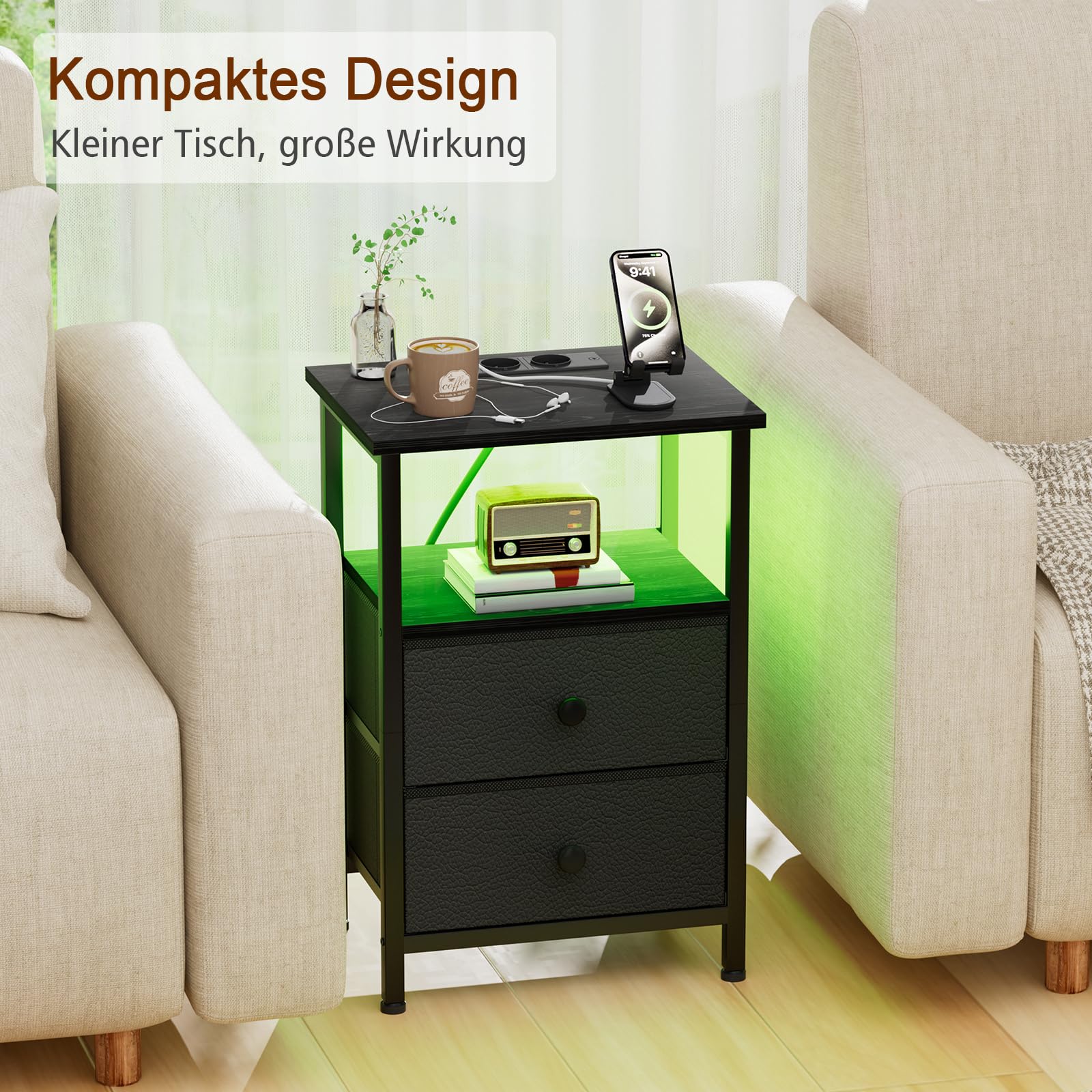 AMHANCIBLE Nachttisch mit LED-Leuchten, Beistelltisch mit Ladestation, 3-stufiger Sofatisch mit 2 Stoffschubladen, Nachtschrank aus Holz mit offenem Regal für Schlafzimmer, Wohnzimmer EHETS02BK-1