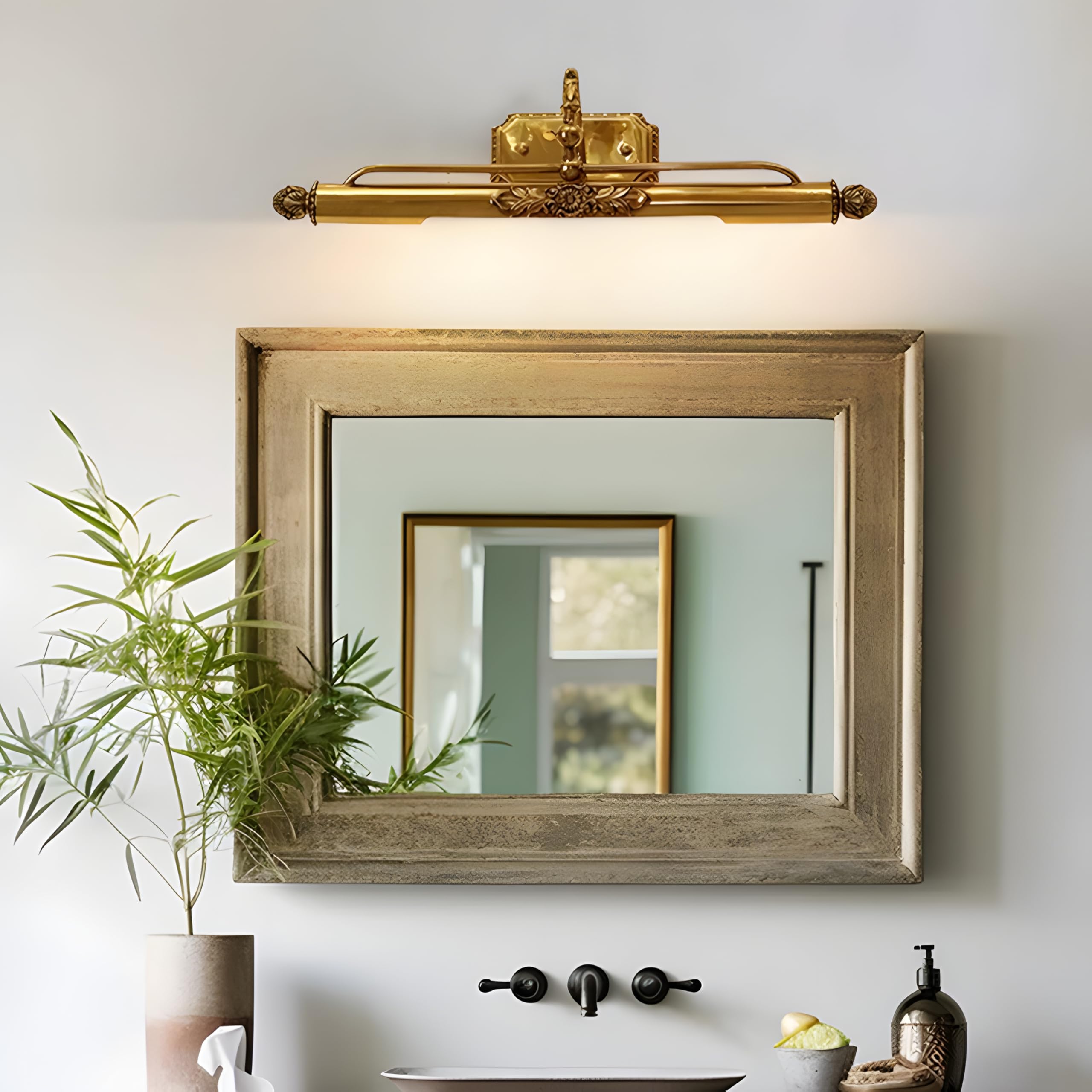BOFEA Mid-Century Modern Brushed Gold Wall Sconce – 2-Light Brass Picture Light, 22” Wide, For Bathroom Vanity, Living Room, Art Decor