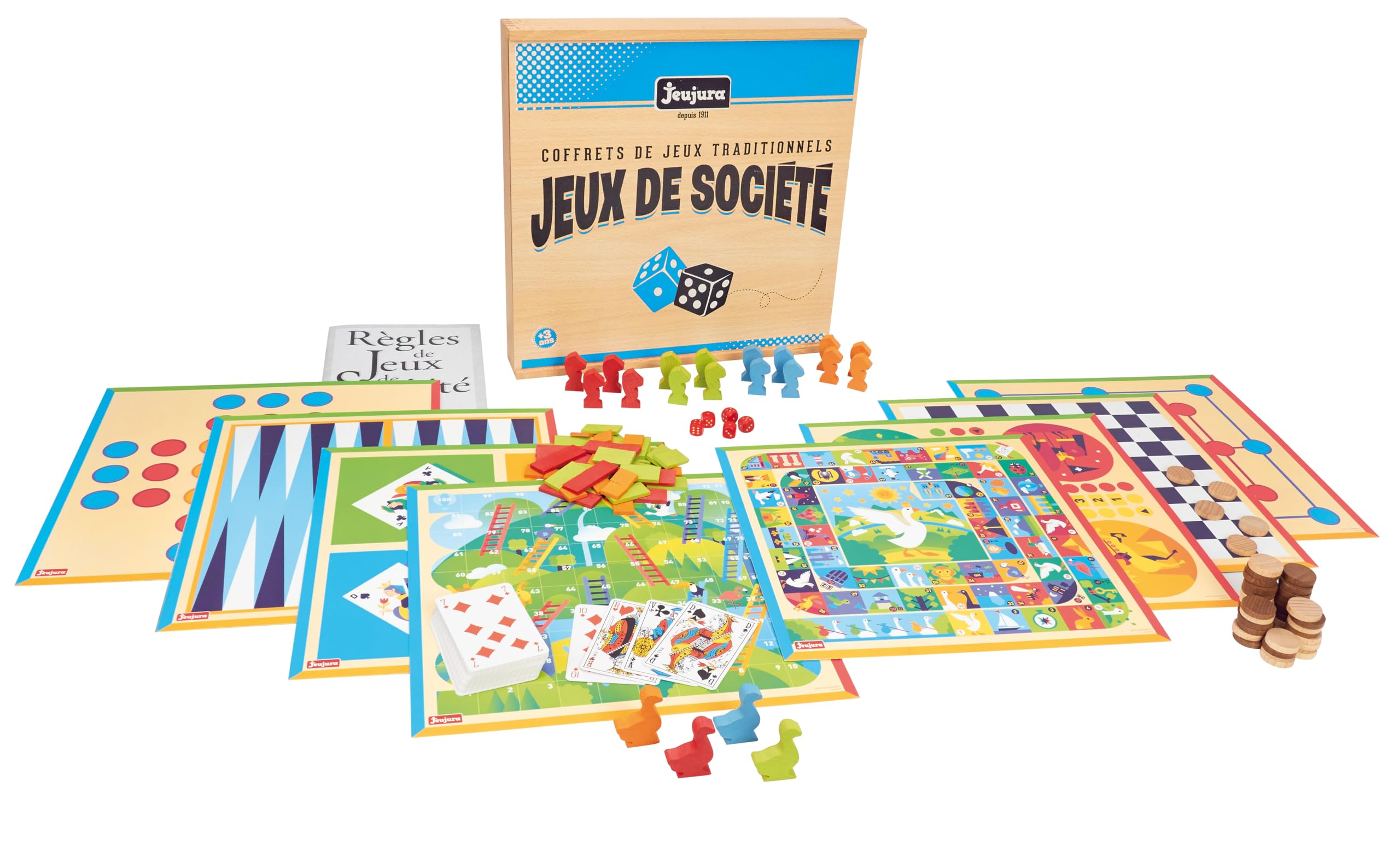 JEUJURA - Coffret Jeux de Société Traditionnels - Jeu en Bois 3 Ans - 8129 | Jeux traditionnels - Jeux des petits chevaux, de l'oie, des dames, nain jaune, yams, 421, loto - Jeu Enfant et Famille