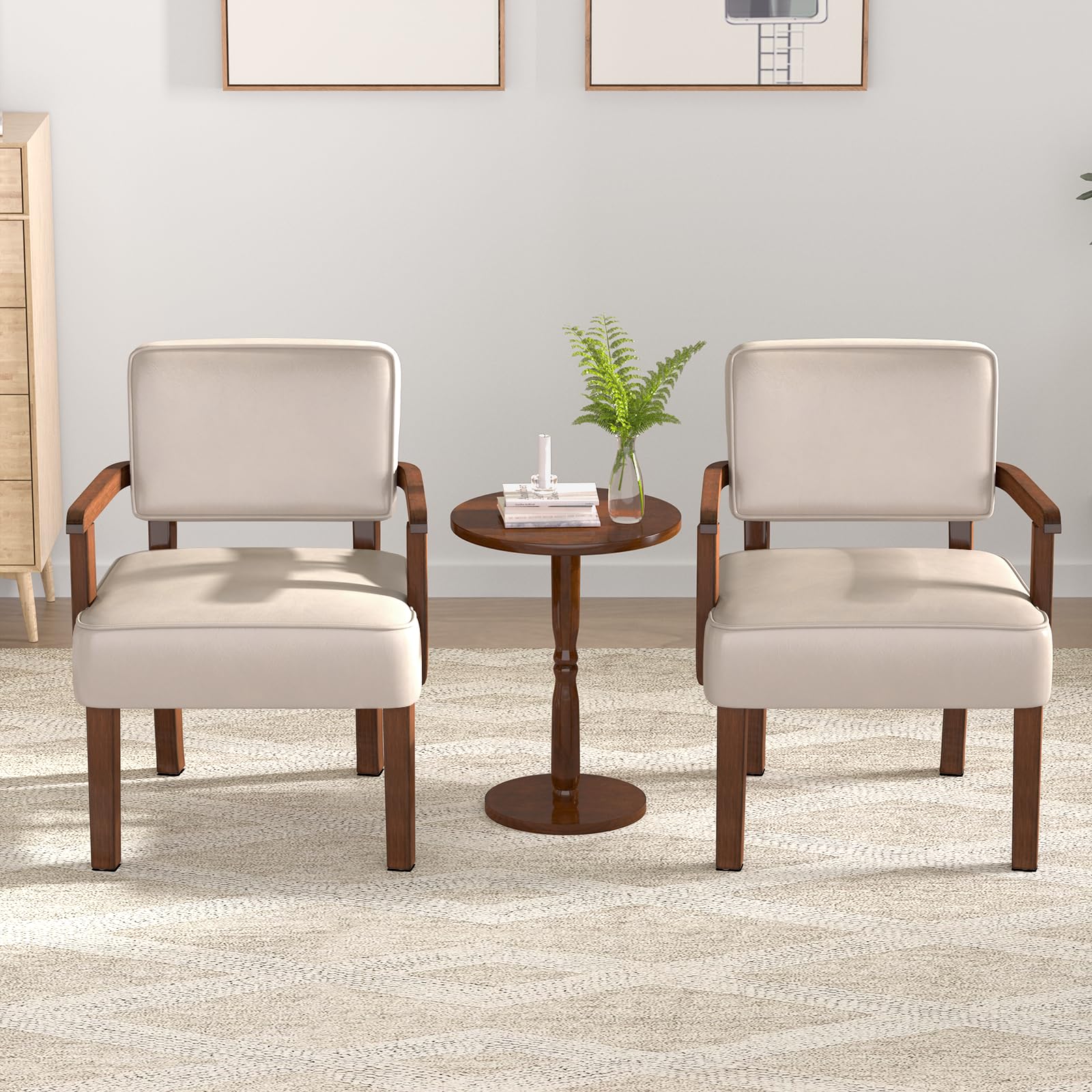 EOSVALO Sessel 2 Set Wohnzimmer,Loungesessel mit Armlehnen aus Massivholz, Bequemer Wohnzimmersessel aus Kunstleder, Gepolsterter Loungesessel für Esszimmer Arbeitszimmer Gästezimmer