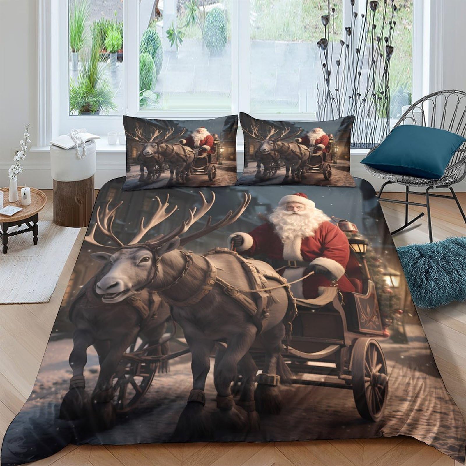 Ctjqhvkz Style-5 3D Printed Santa Sleigh Fitted Sheet Microfiber Soft Christmas Reindeer Mattress Cover Bedroom Decor Easy Care Single（135X200cm）