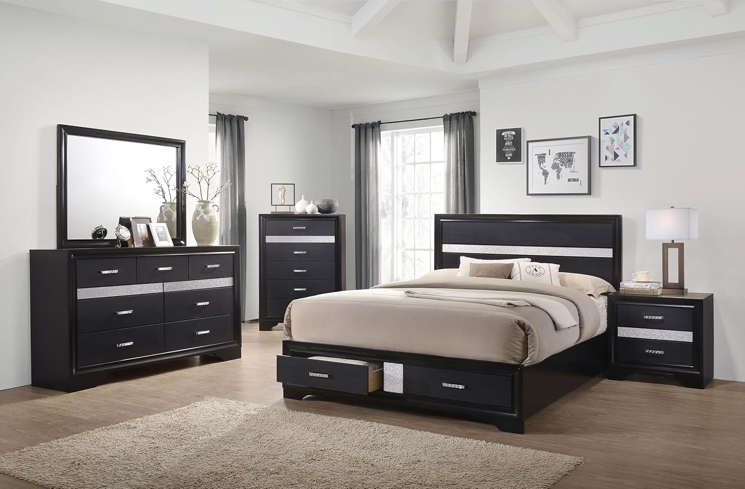 Coaster Home Furnishings Miranda Contemporary 4-Piece Bedroom Set California King Size Storage Panel Bed Frame 50-inch Headboard Black 206361KW-S4
