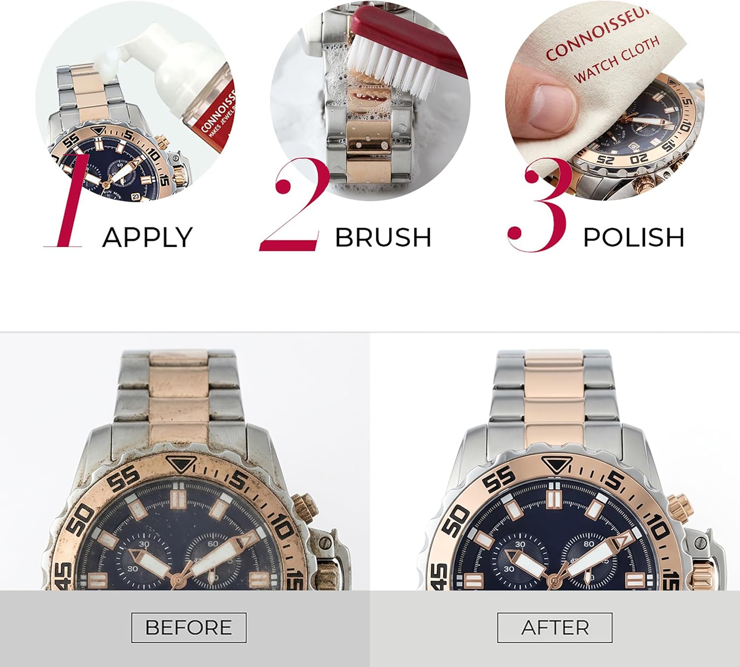 CONNOISSEURS 3-Piece Watch Cleaning Kit with Foam Cleanser, Brush and Cloth